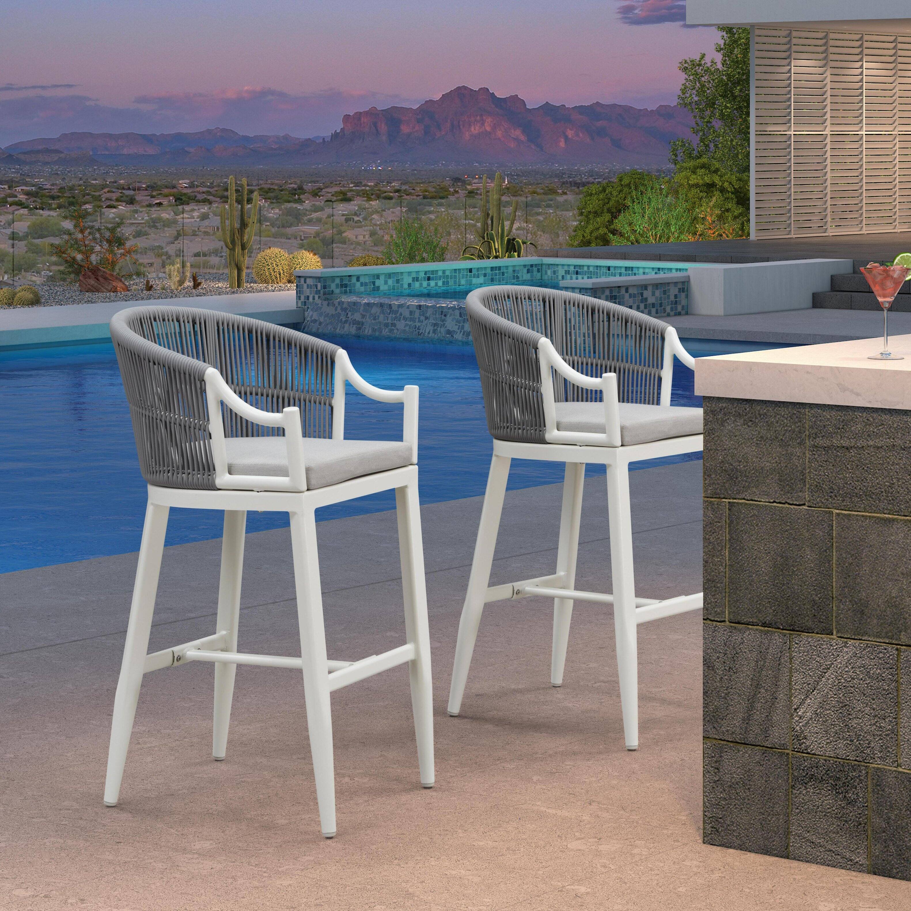 Front. PURPLE LEAF - Patio Bar Height Set of 2 Outdoor Rattan Chairs with Back Modern Aluminum Woven Barstools for Garden Indoor Kitchen - White-Bar Stool.