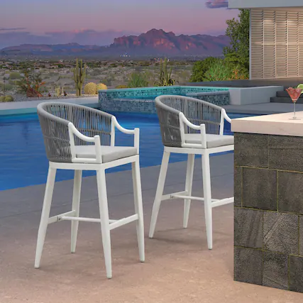 Front. PURPLE LEAF - Patio Bar Height Set of 2 Outdoor Rattan Chairs with Back Modern Aluminum Woven Barstools for Garden Indoor Kitchen - White-Bar Stool.