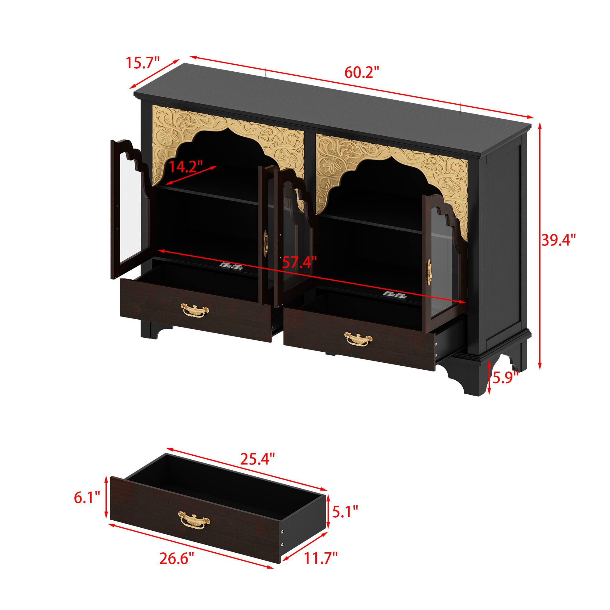 The text can be grouped as follows:

- Top shelf dimensions: 60.2" (height), 39.4" (width), 15.7" (depth)
- Middle shelf dimensions: 57.4" (width), 14.2" (depth)
- Bottom drawer dimensions: 26.6" (width), 11.7" (depth), 6.1" (height), 5.1" (width)