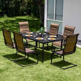 Nuu Garden - Patio 7-Piece Dining Table Set with Umbrella Hole and Textilene Chairs - Brown and Black