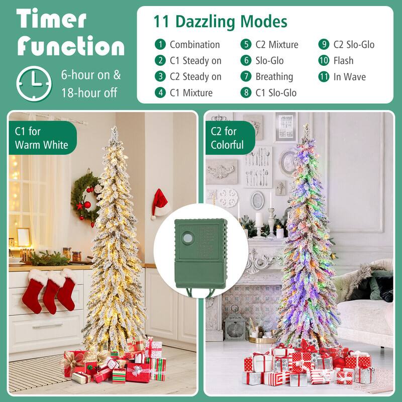 Timer Function  
6-hour on & 18-hour off  

11 Dazzling Modes  
1. Combination  
2. C1 Steady on  
3. C2 Steady on  
4. C1 Mixture  
5. C2 Mixture  
6. Slo-Glo  
7. Breathing  
8. C1 Slo-Glo  
9. C2 Slo-Glo  
10. Flash  
11. In Wave  

C1 for Warm White  
C2 for Colorful