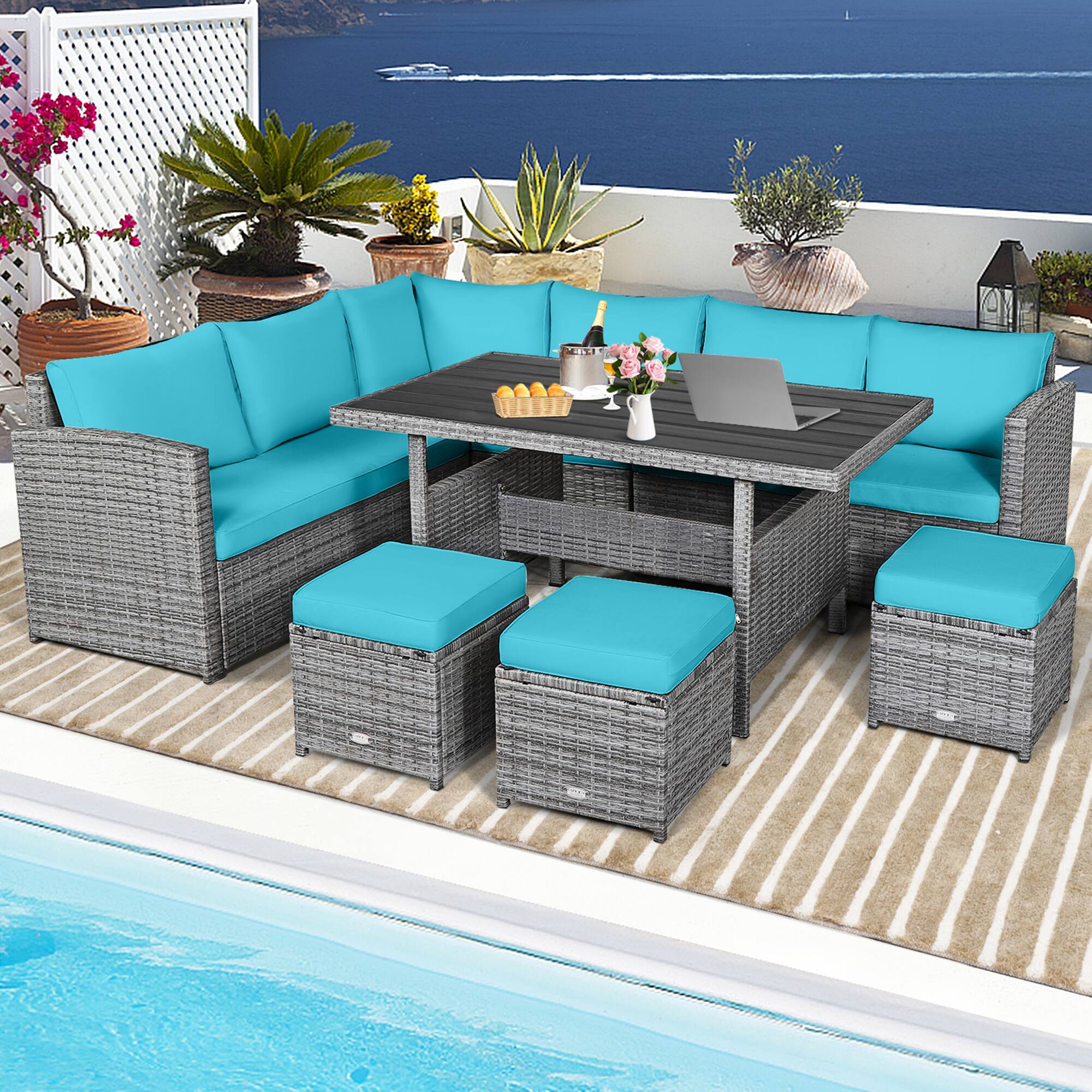 Alt View 3. Gymax - Gymax 7PCS Rattan Patio Sectional Sofa Set Conversation Set w/ Turquoise Cushions - Turquoise.