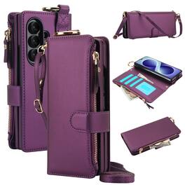 UUCOVER - Magnetic Zipper Wallet Case for Samsung Galaxy Z Fold8 Ultra,Leather Card Slots RFID Blocking Stand Cover+Shoulder Strap - Deeppurple