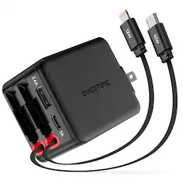 Overtime - D36 4-in-1 Retractable Wall Charger with USB-C and Lightning Cables, Black