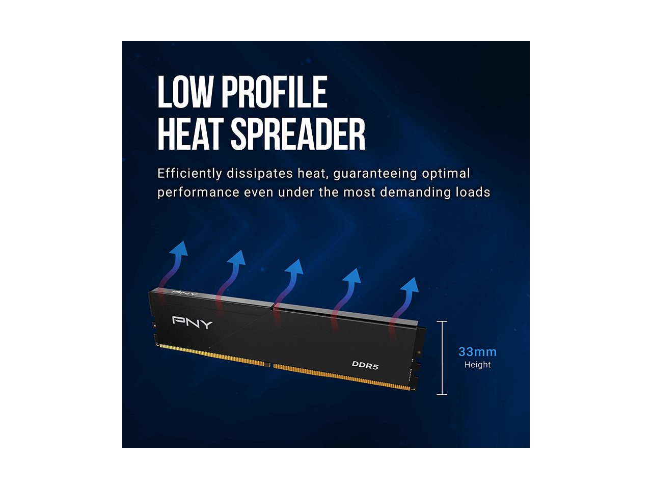 LOW PROFILE HEAT SPREADER  
Efficiently dissipates heat, guaranteeing optimal performance even under the most demanding loads  

PNY  
DDR5  
33mm Height