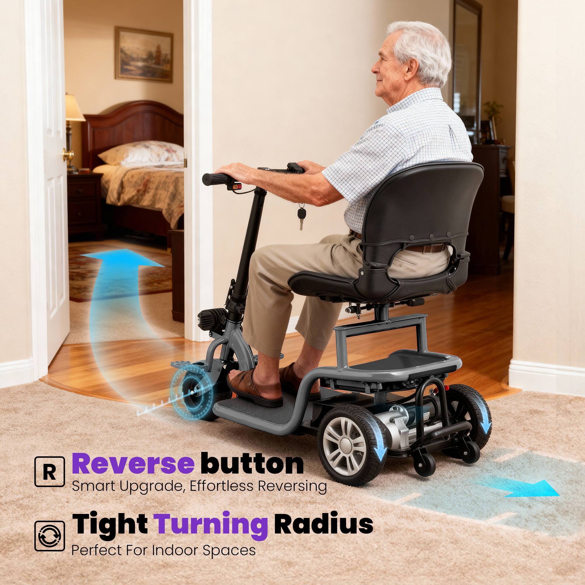 - Reverse button
  - Smart Upgrade, Effortless Reversing

- Tight Turning Radius
  - Perfect For Indoor Spaces