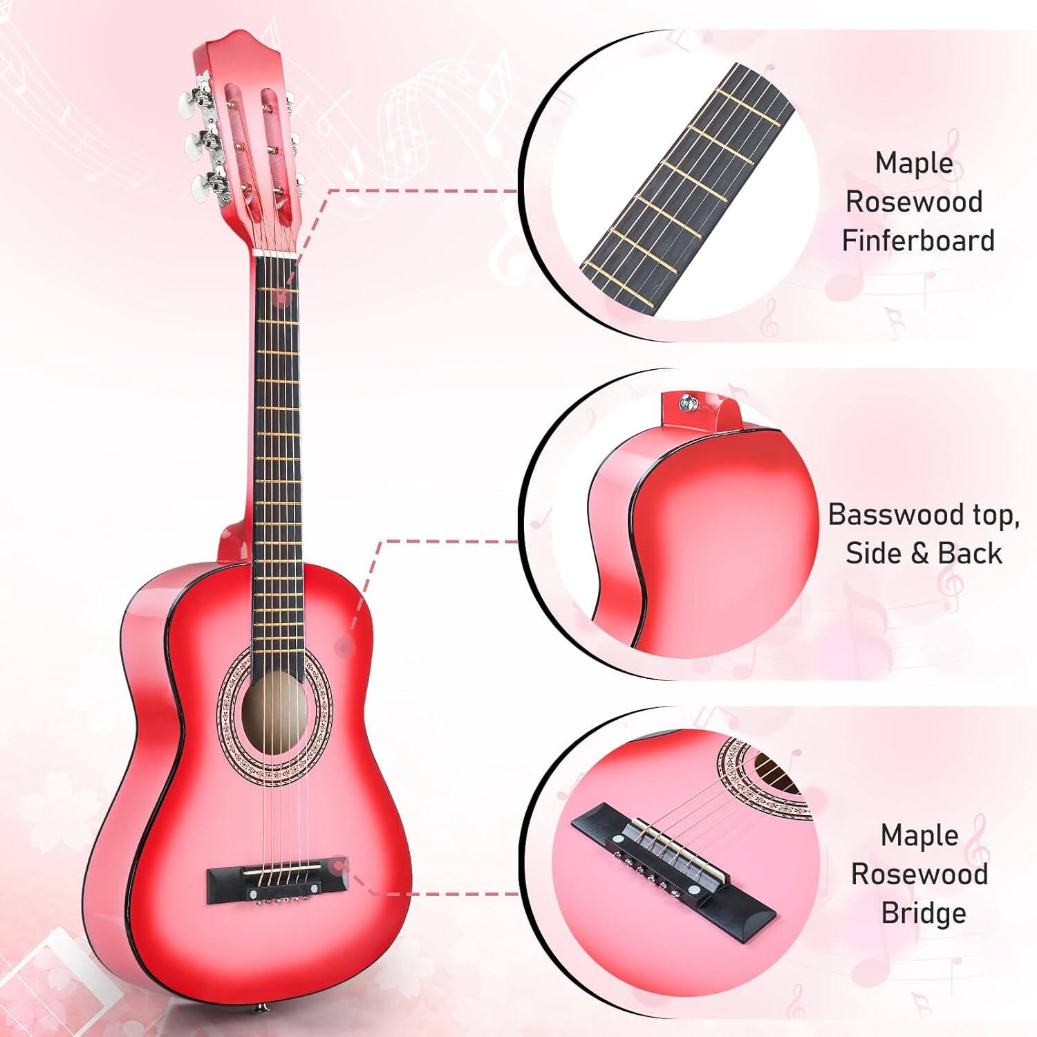 Maple Rosewood Fretboard  
Basswood top, Side & Back  
Maple Rosewood Bridge