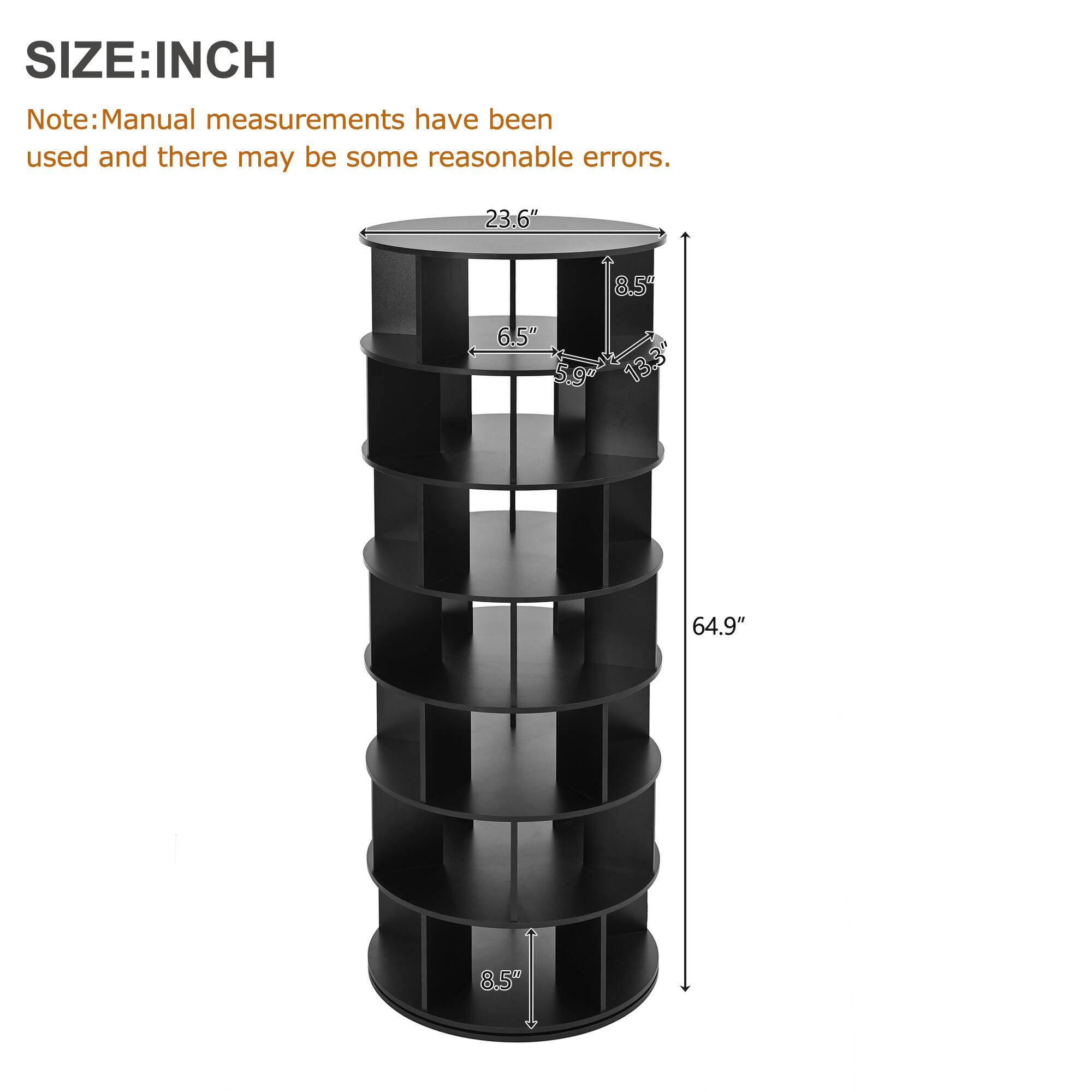 SIZE: INCH

Note: Manual measurements have been used and there may be some reasonable errors.

- Diameter: 23.6"
- Height: 64.9"
- Shelf Depth: 8.5"
- Shelf Width: 6.5"
- Shelf Height: 5.9"
- Total Height: 13.3"