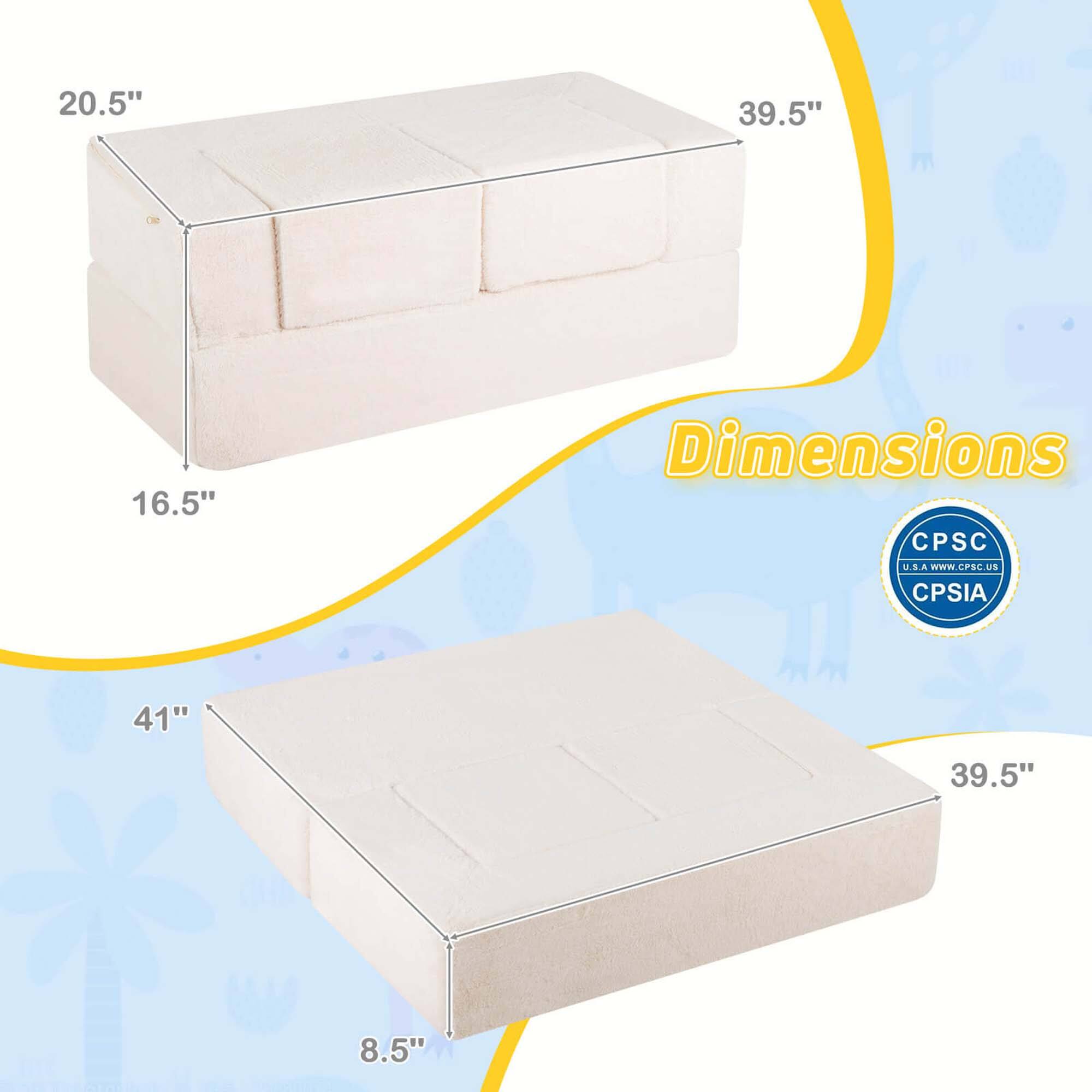 20.5" x 39.5" x 16.5"  
41" x 39.5" x 8.5"  

Dimensions  

CPSC U.S.A  
CPSIA  

U.S.A. www.cpsc.gov
