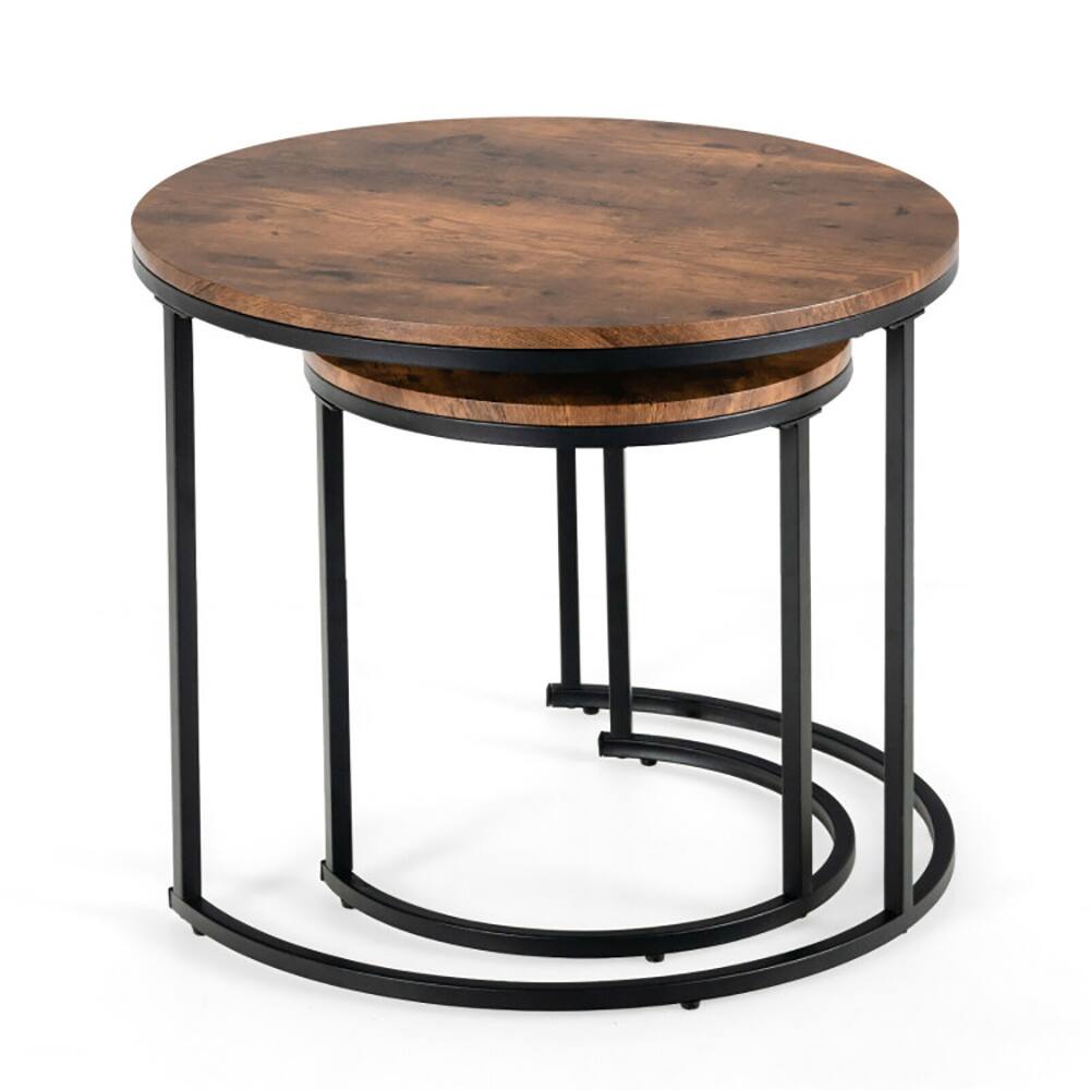 Alt View 4. Pefilos - Set of 2 Modern Round Stacking Nesting Coffee Tables for Living Room-Rustic Brown, Modern Coffee Table for Living Room - Brown.