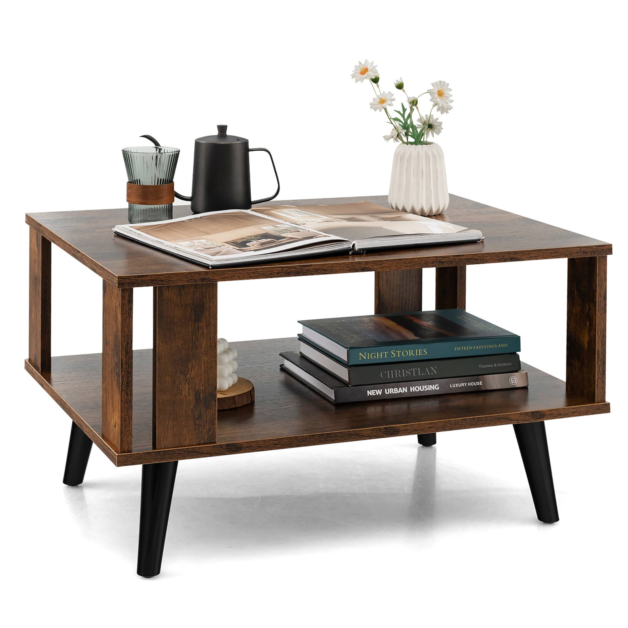 Costway - Coffee Table Retro Mid-Century Coffee Table W/Storage Open Shelf Living Room - Rustic Brown, Black