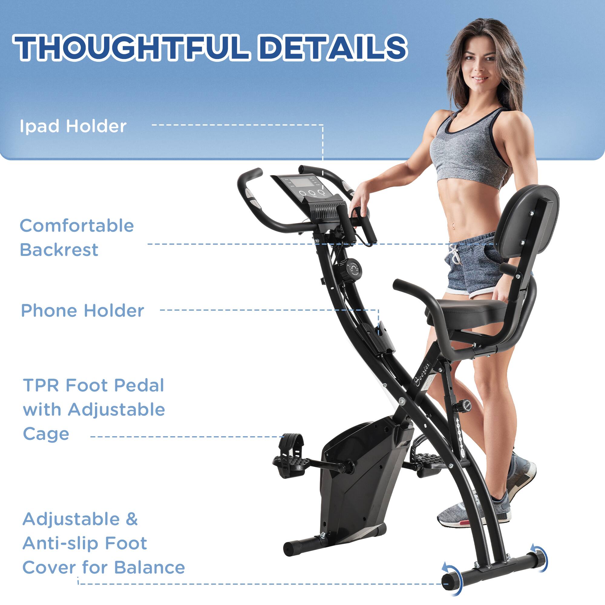 Sure, here is the corrected and grouped text from the image:

---

**THOUGHTFUL DETAILS**

- Ipad Holder
- Comfortable Backrest
- Phone Holder
- TPR Foot Pedal with Adjustable Cage
- Adjustable & Anti-slip Foot Cover for Balance

---
