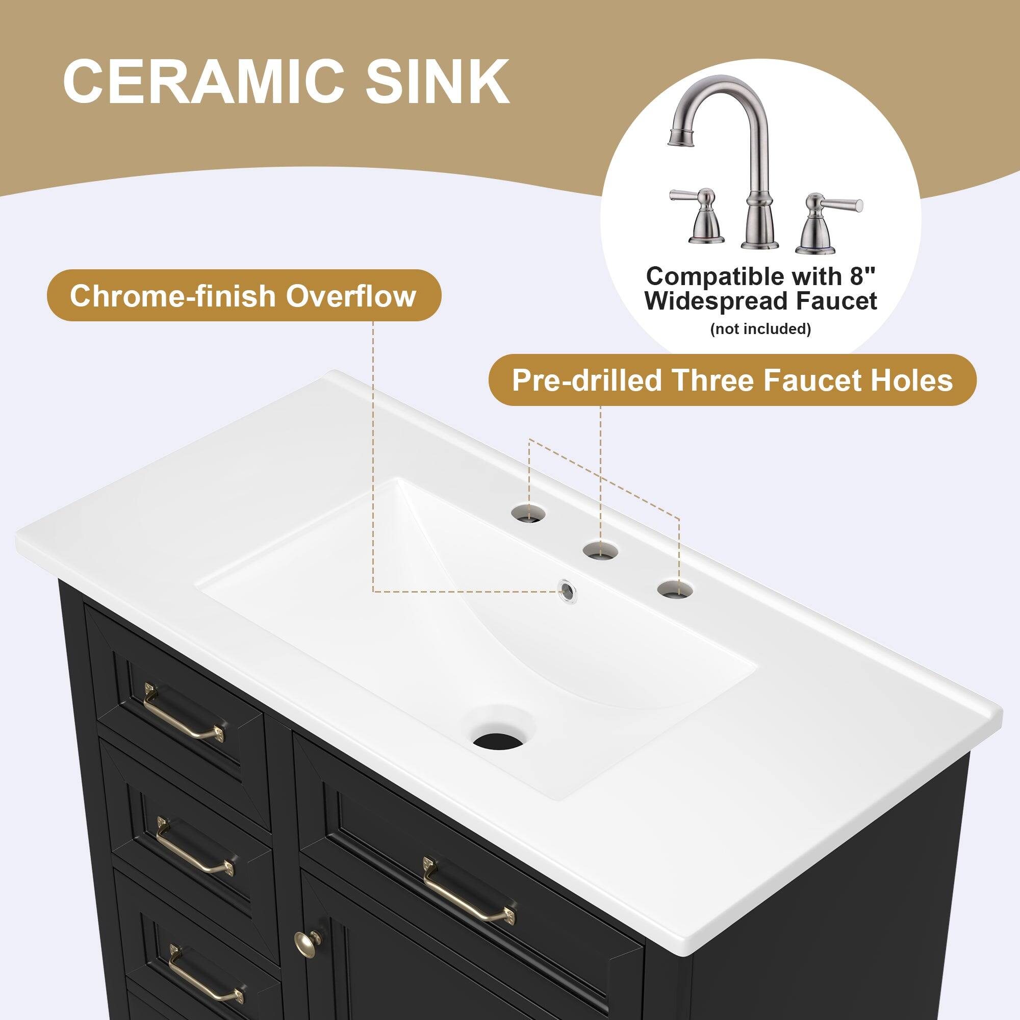 CERAMIC SINK

- Chrome-finish Overflow
- Pre-drilled Three Faucet Holes
- Compatible with 8" Widespread Faucet (not included)