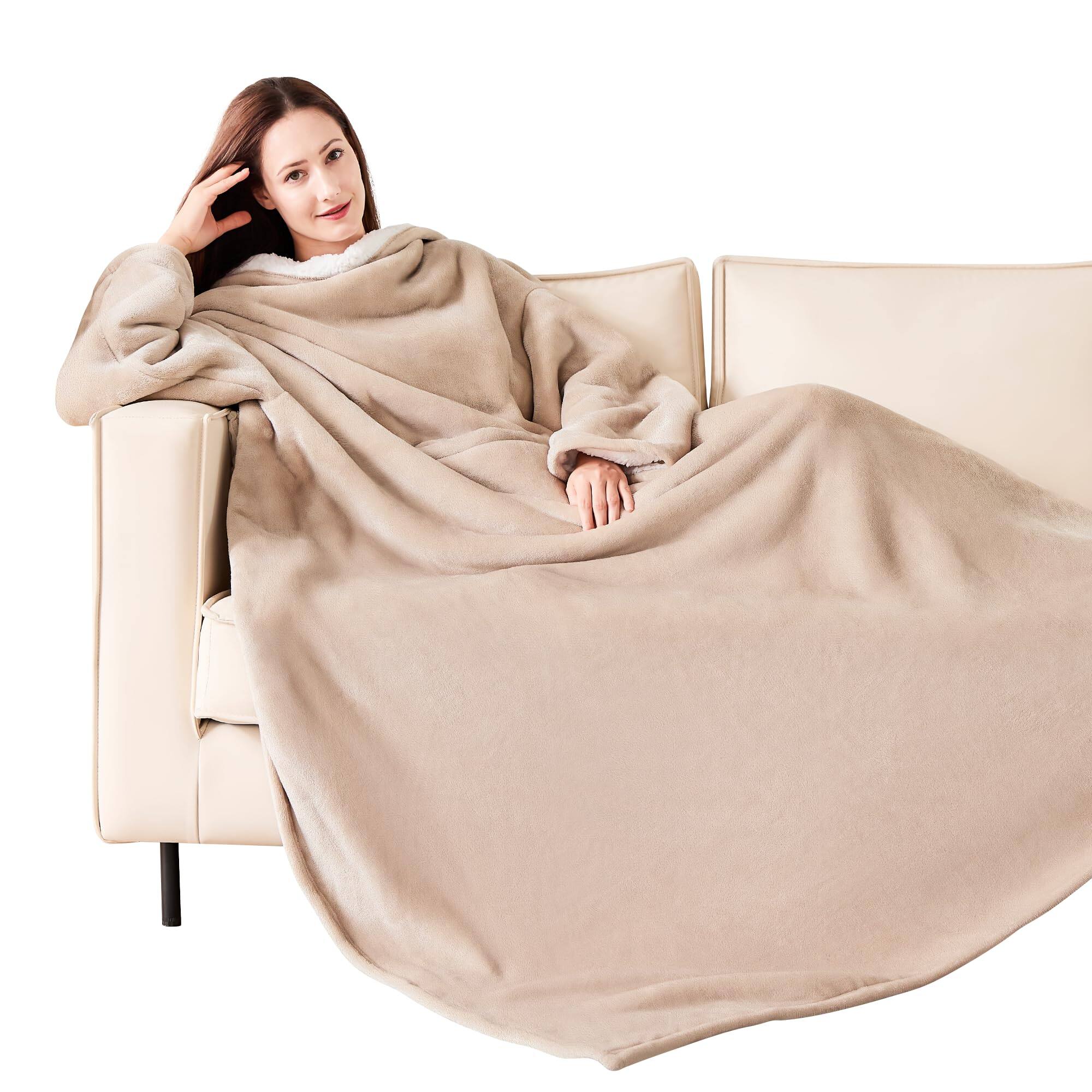 Front. Paradigms Interiors - Wearable Blanket With Sleeves Cozy Arms And Pockets For Women Men Warm Tv Wrap Throw Robe As Gifts Mom Wife... - Camel.