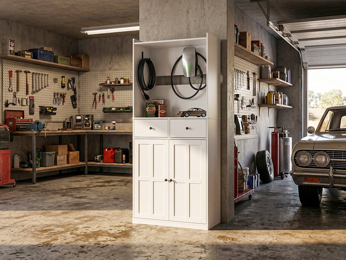 Alt View 1. Famapy - Modern Garage EV Charger Storage Cabinet with Cable Hooks, 2 Drawersr for Tools and Charging Station - White.
