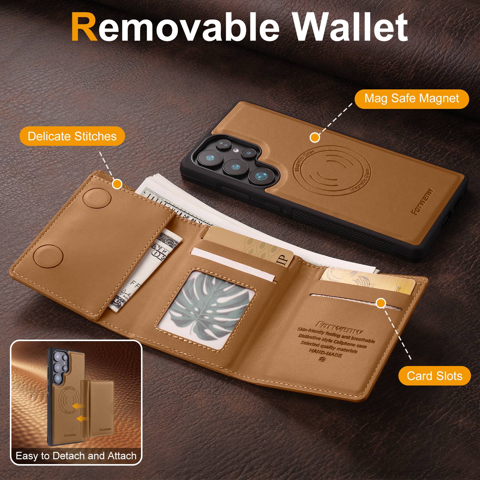 Removable Wallet

- Delicate Stitches
- Mag Safe Magnet
- Card Slots
- Easy to Detach and Attach

Selected style Cellphone quality case HAND-MADE material

Skin-friendly feeling, Distinctive and breathable
Selected quality materials