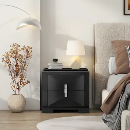 Front. JUJABU - Mid-Century Modern Nightstand with 2 Drawers Storage, Heavy Duty Base for Bedroom, Black - Black.