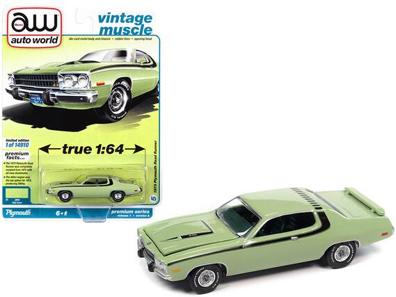 vintage muscle auto world
die-cast metal body and chassis • rubber tires
opening hood
limited edition
1 of 14910
true 1:64
premium facts...
The 1973 Plymouth Road Runner was restyled from the 1972 model with all-new sheetmetal. The 440 engine was producing 280hp.
Plymouth
6+
premium series release version A
