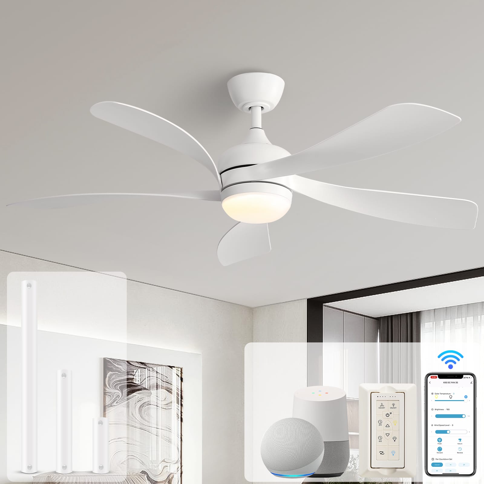 Front. Sofucor - Sofucor Farmhouse Bedroom Ceiling Fans with Lights 52'' Smart Ceiling Fan with Remote/APP/Alexa Noiseless Fan - White.