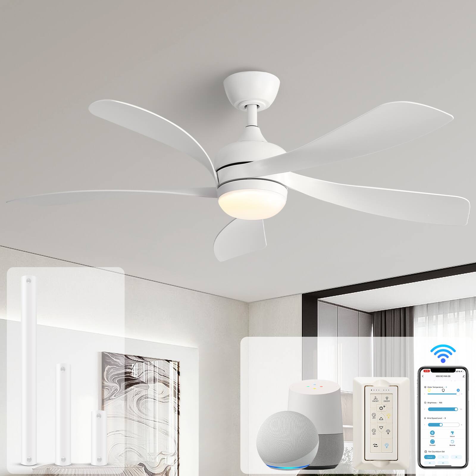 Sofucor - Farmhouse Bedroom Ceiling Fans with Lights 52'' Smart Ceiling Fan with Remote/APP/Alexa Noiseless Fan - White