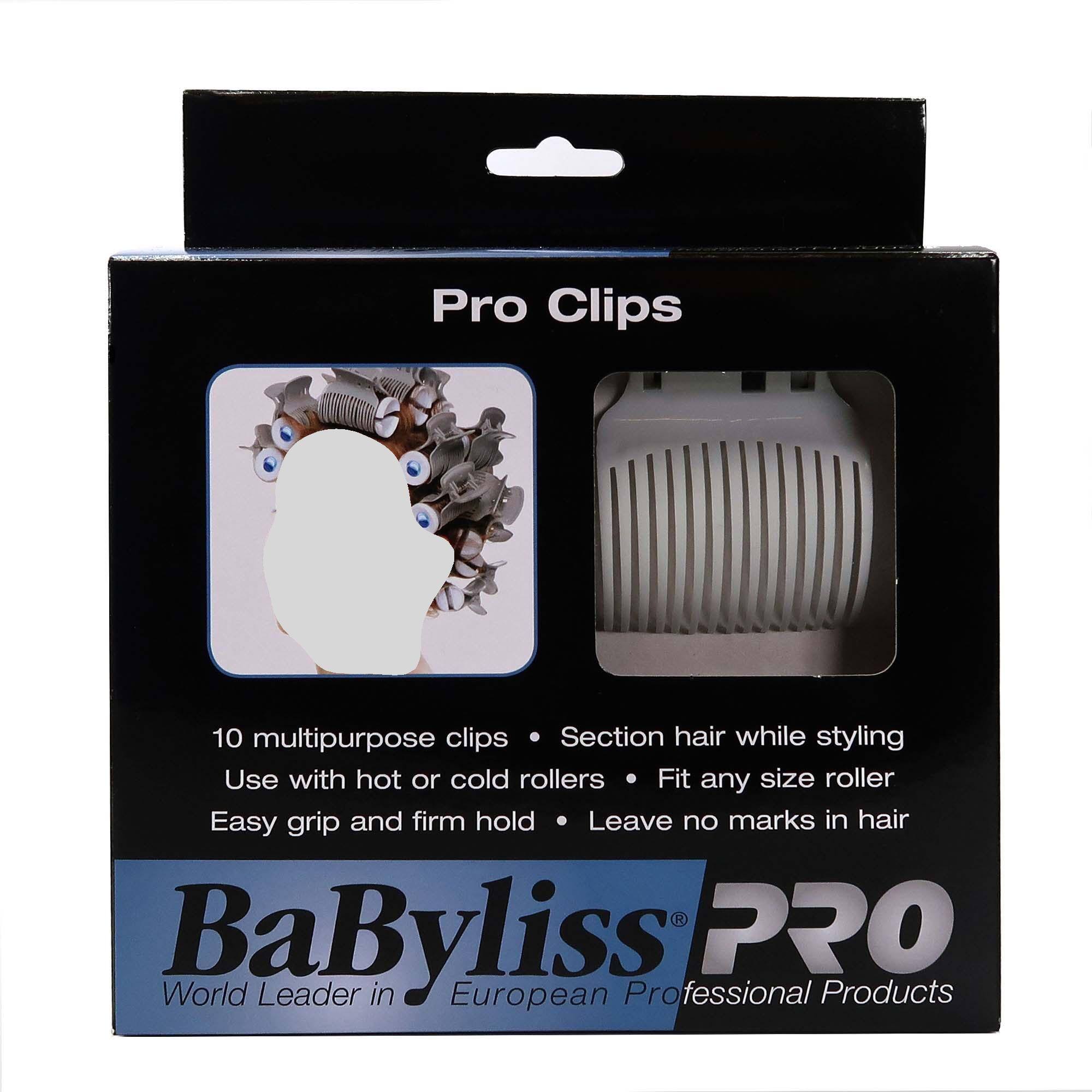 Pro Clips

10 multipurpose clips  
Section hair while styling  
Use with hot or cold rollers  
Fit any size roller  
Easy grip and firm hold  
Leave no marks in hair  

BaByliss PRO  
World Leader in European Professional Products
