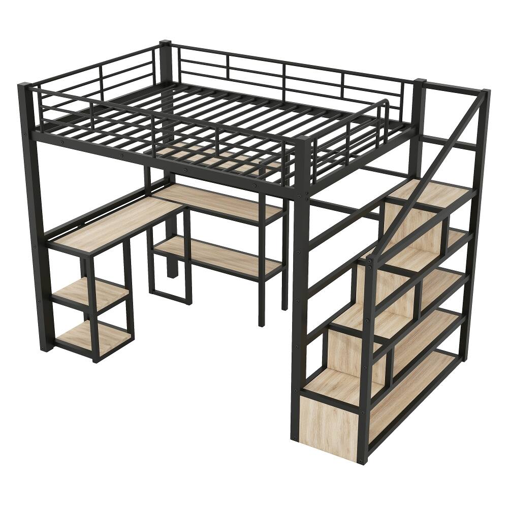 Alt View 8. Loheer - Loheer Full Size Metal Loft Bed with Desk, Staircase and Shelves, Black - Black.