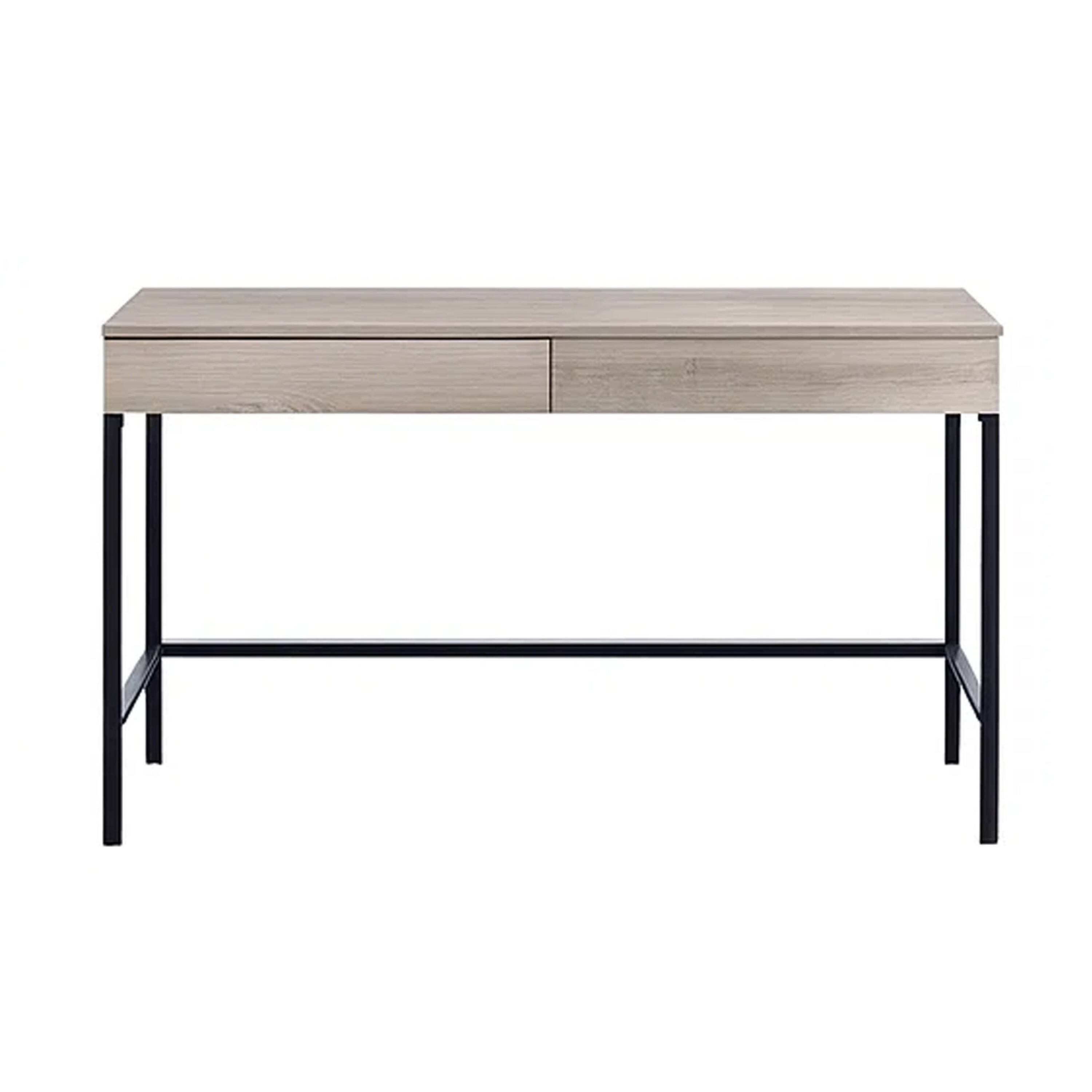 Angle. Manhattan Lane - Wooden Desk with 2 Drawers and Metal Frame, Washed White and Black - White and Black.