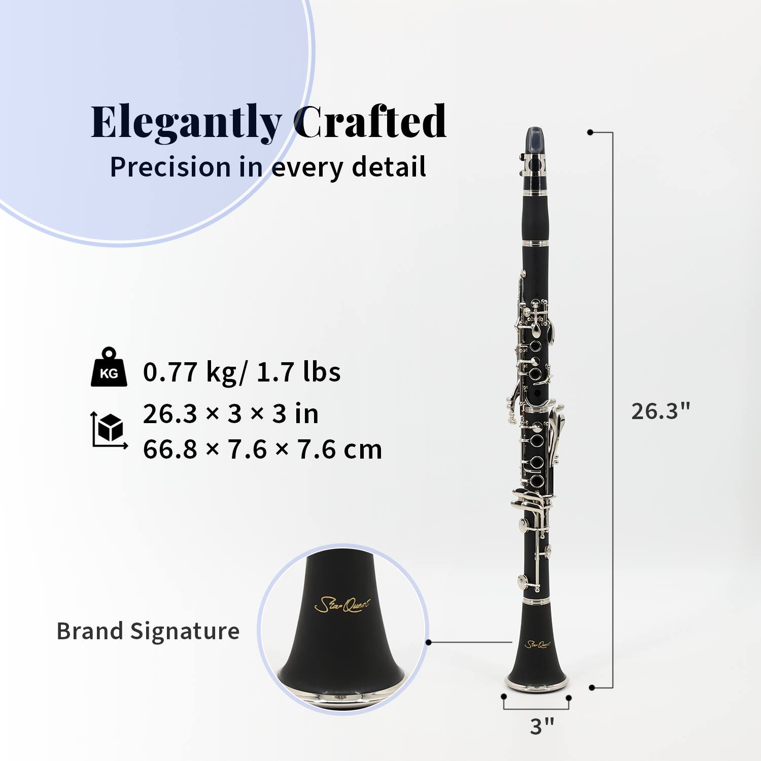 Elegantly Crafted  
Precision in every detail  

KG 0.77 kg / 1.7 lbs  
26.3 x 3 x 3 in  
66.8 x 7.6 x 7.6 cm  

Brand Signature  
StaQae  

26.3"  
3"