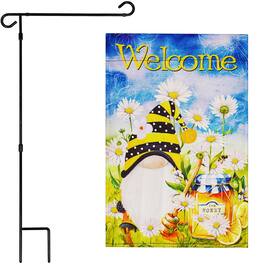 G128 - 36 x 16 in Garden Flag Stand with 12 x 18 in Double-Sided Blockout Flag, Welcome Bee Gnome with Honey - Assorted Colors