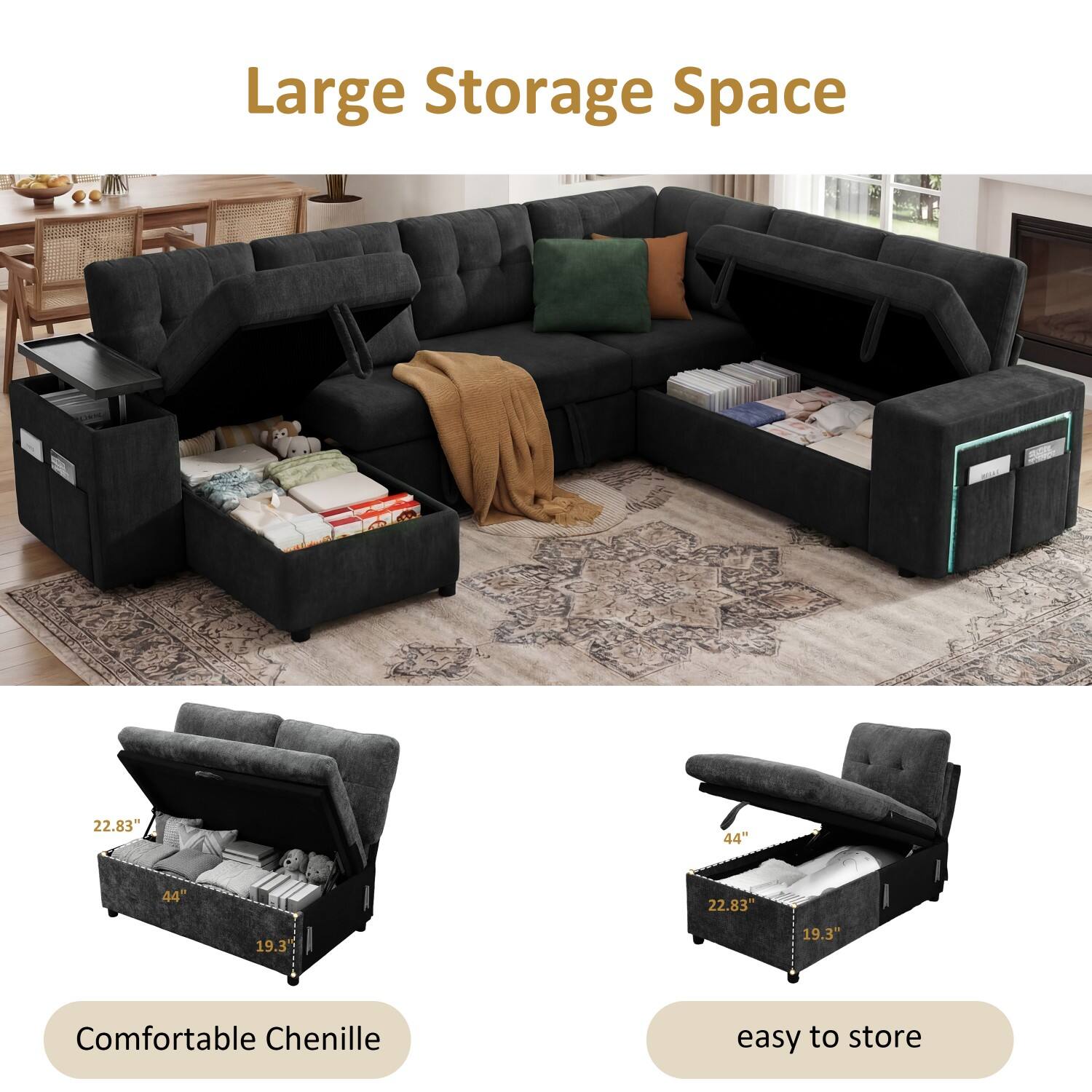 Large Storage Space  
22.83" x 44" x 44" x 19.3"  
Comfortable Chenille  
easy to store