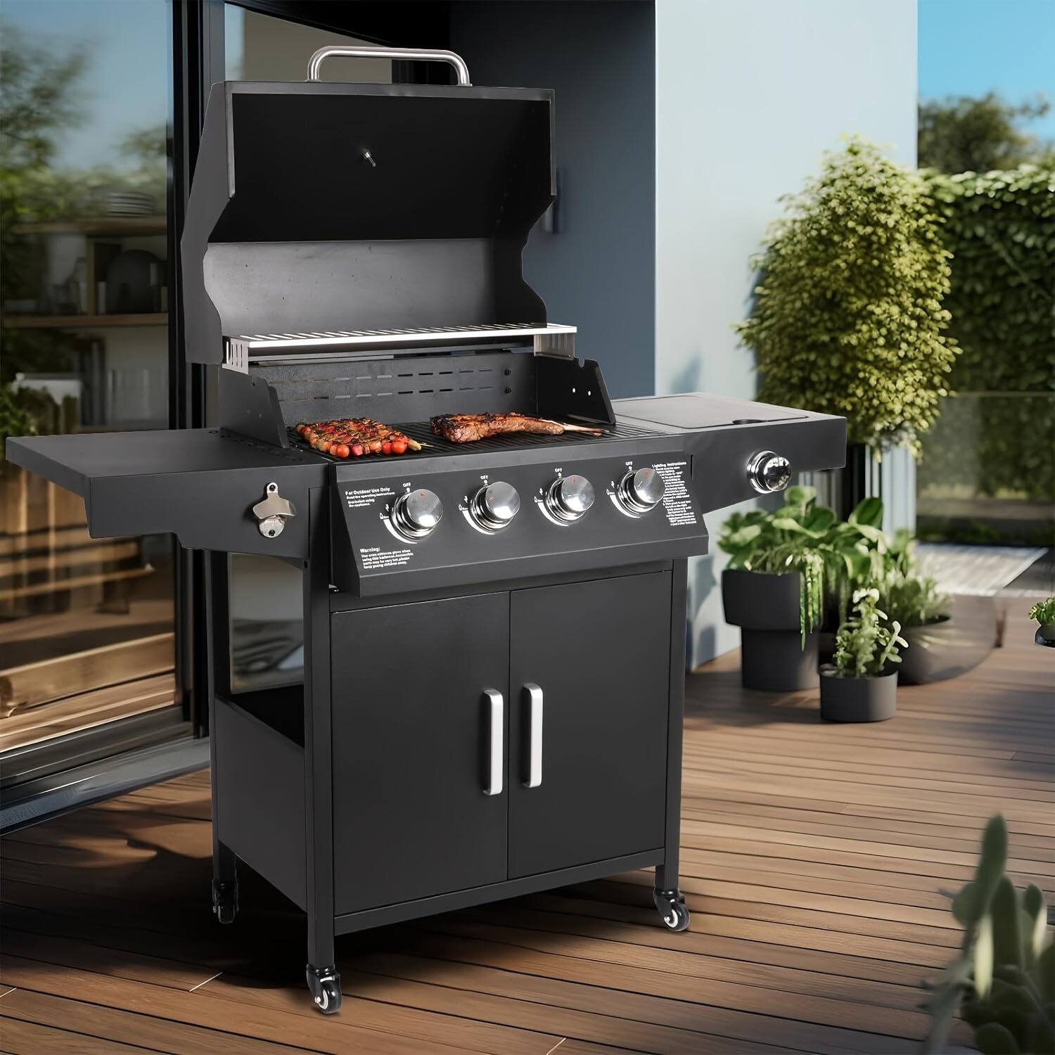 Alt View 3. GlowWise - Propane Gas Grill 4 Burners With Side Burner Freestanding Grill Cart With Wheels For Outdoor Garden Cooking Barbecue - Black.