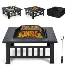 Front. Costway - 32'' 3 in 1 Outdoor Square Fire Pit Table W/ BBQ Grill, Rain Cover for Camping - Black.