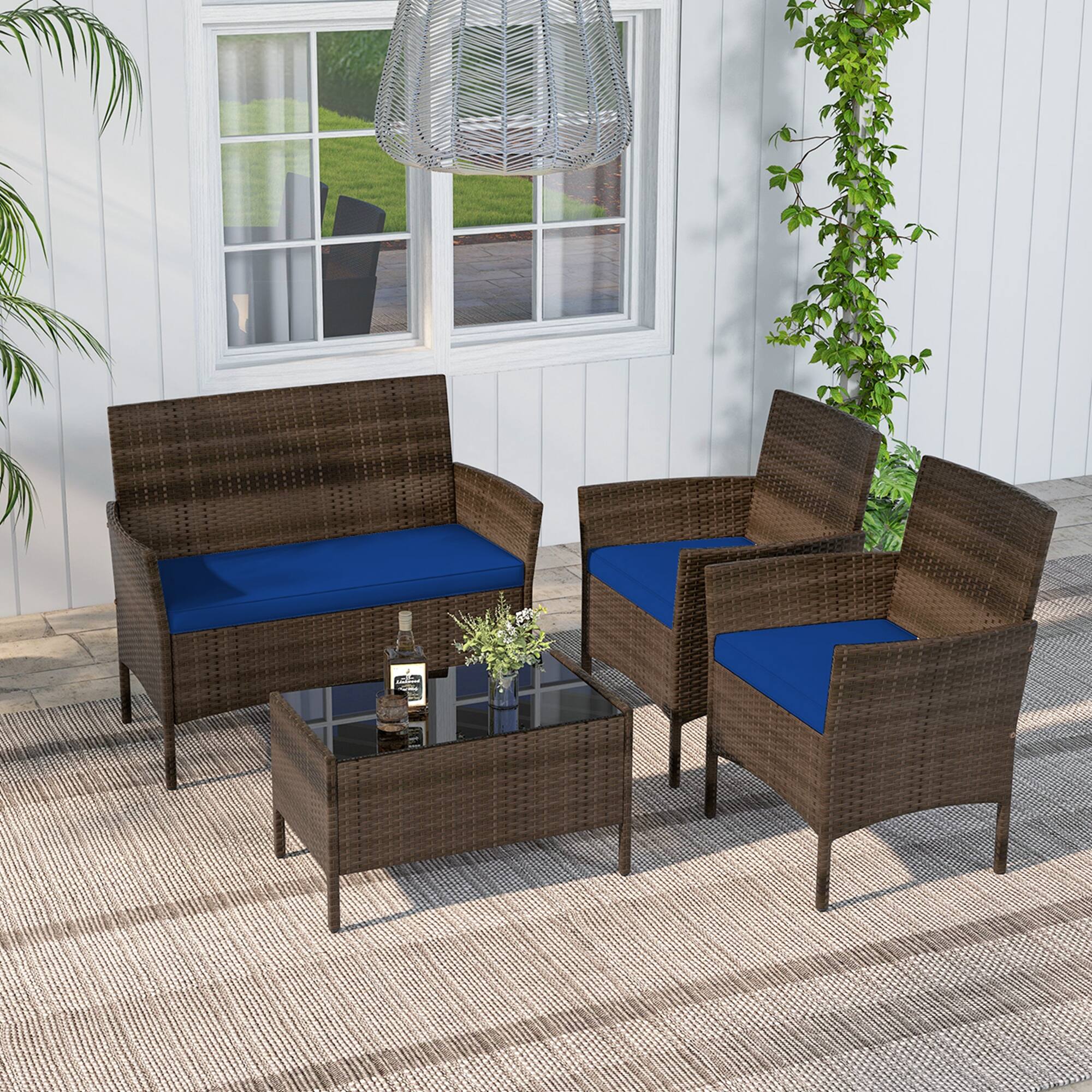 Alt View 3. Costway - 4 PCS Patio Furniture Set with Washable Cushions and Tempered Glass Coffee Table - Mix Brown + Navy.