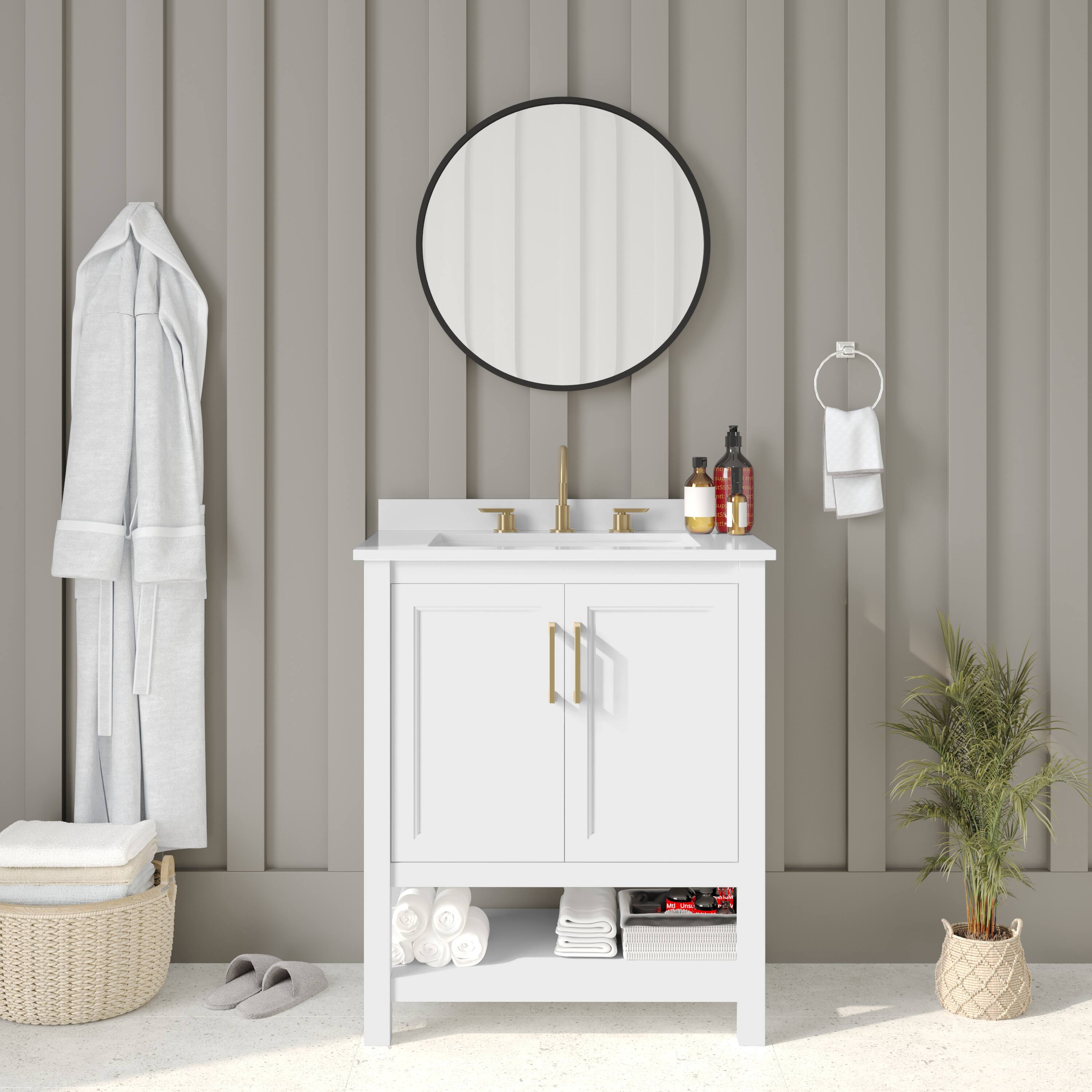 Front. Emma + Oliver - Vesta Bathroom Vanity, Single Sink Cabinet with 2 Soft Close Doors and Open Shelf, Carrara Marble Finish Countertop - White Frame/Gold Hardware.