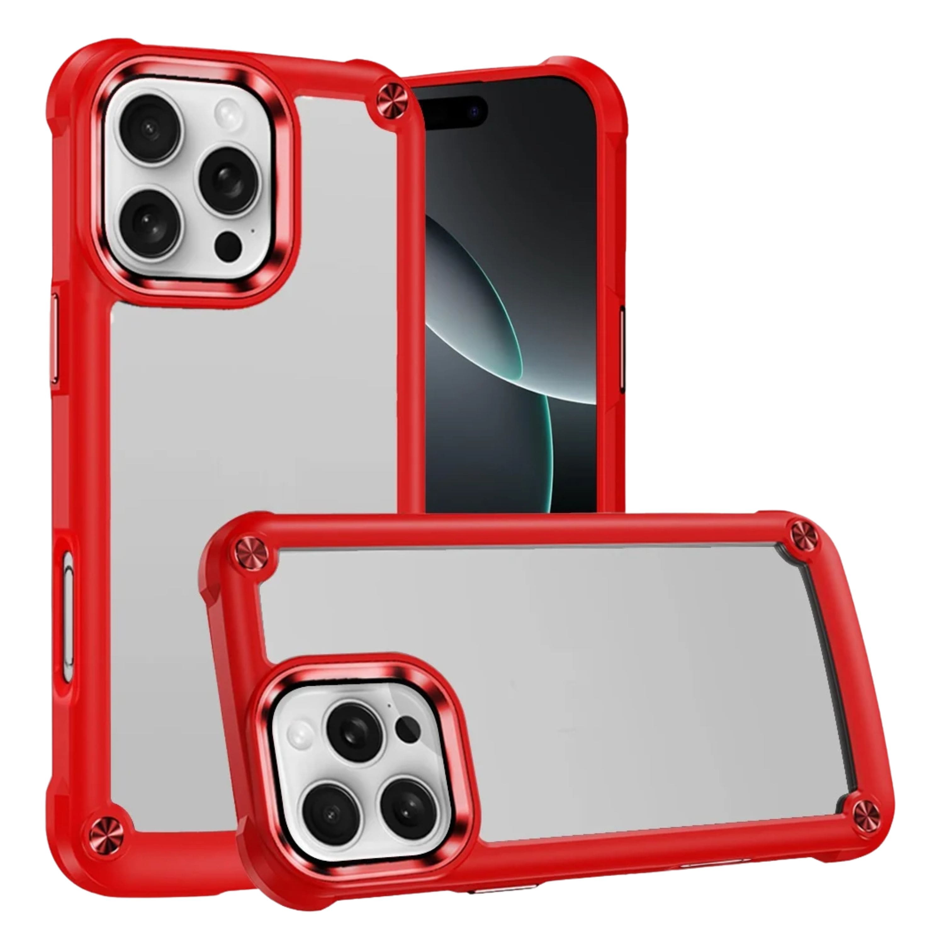 Kitcheniva - Raised Camera Lip Metal Buttons Phone Case With Tempered Glass For iPhone 16 Pro Max - Red