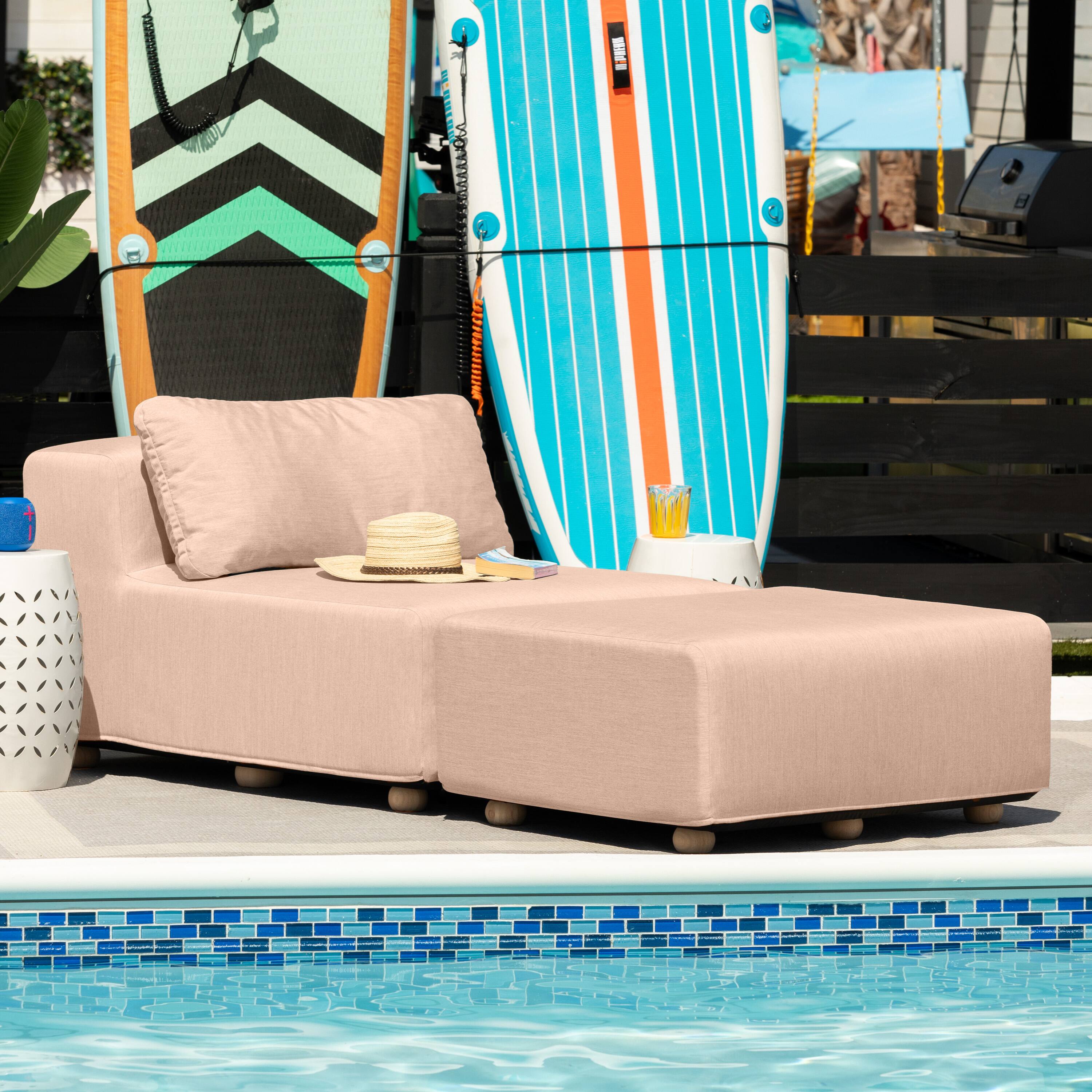 Angle. Jaxx - Jaxx Vada Outdoor Sun Lounger Luxury Modular Chaise & Ottoman with Sunbrella Fabric & Waterproof Cover, Sunbrella Petal - Petal.