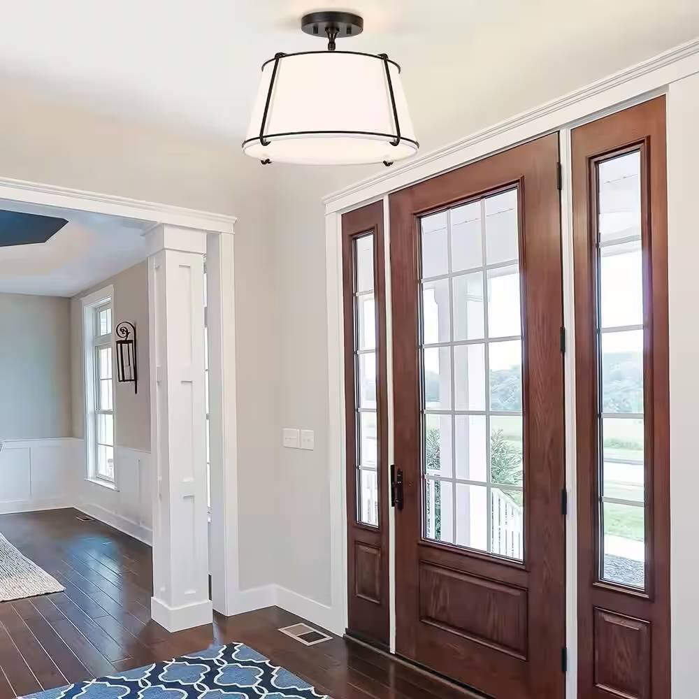 Back. Hivvago - 2-Light Round 15-inch White Drum Ceiling Light w/ Black Metal - Semi-Flush Mount - White.