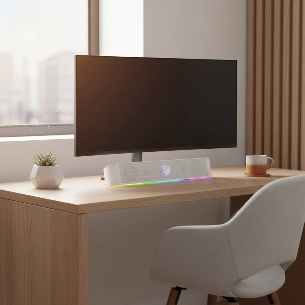 Alt View 2. Dazzed Corner - RGB Desktop Soundbar Speaker with Audio Sync Lights, USB Powered - White.