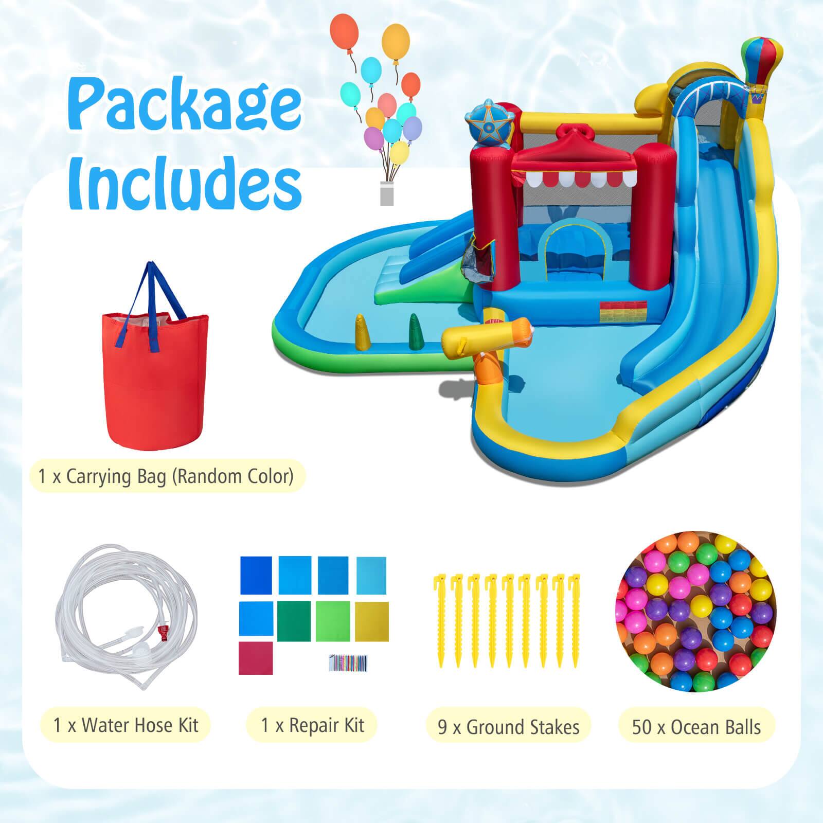 Package Includes

1 x Carrying Bag (Random Color)

1 x Water Hose Kit

1 x Repair Kit

9 x Ground Stakes

50 x Ocean Balls