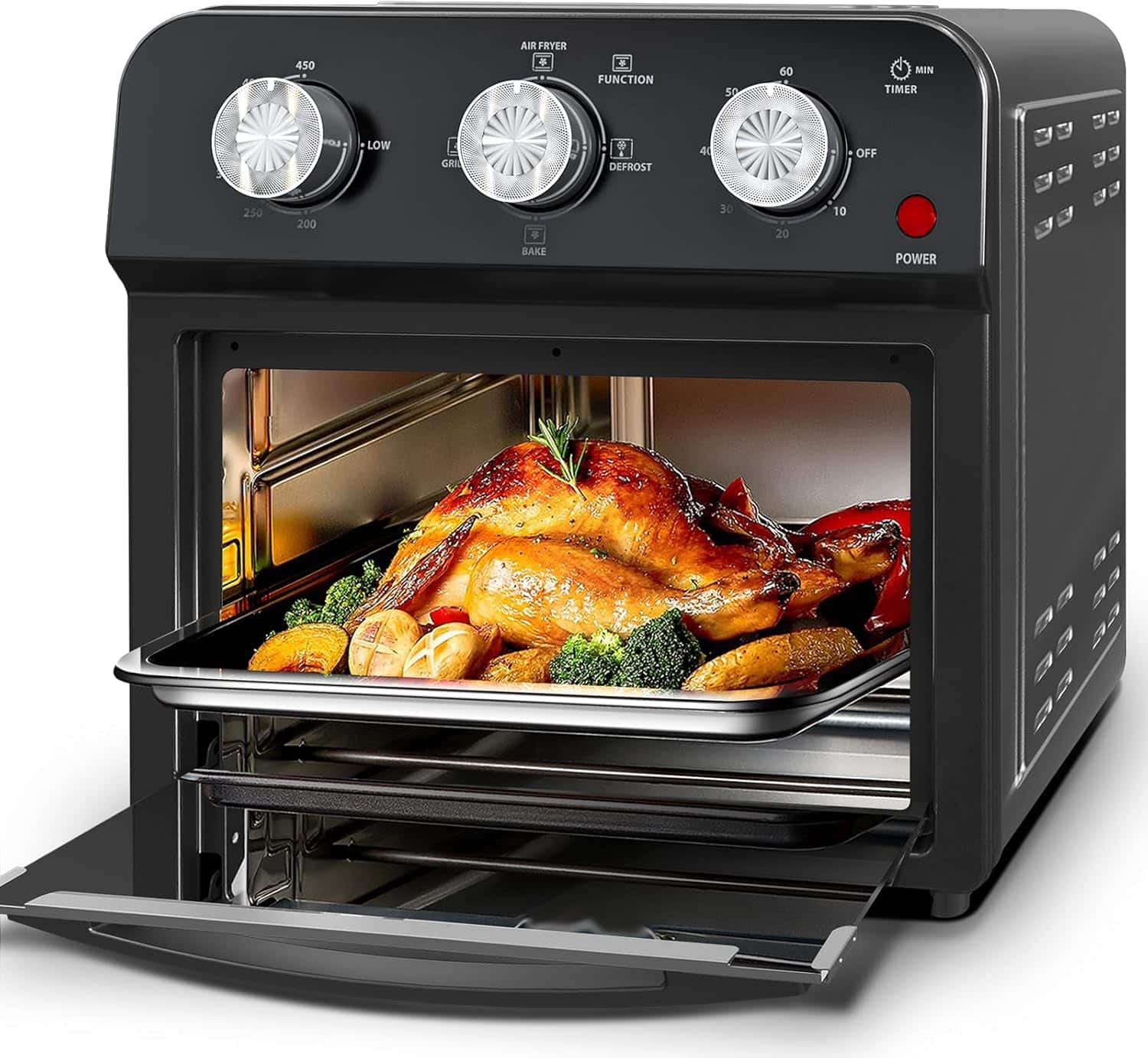MOOSOO - 13 Quart Convection Toaster Oven, 1500W, 7-in-1 Air Fryer with Roast, Bake, Grill, Broil, Toast, Dehydrate, Defrost - Black
