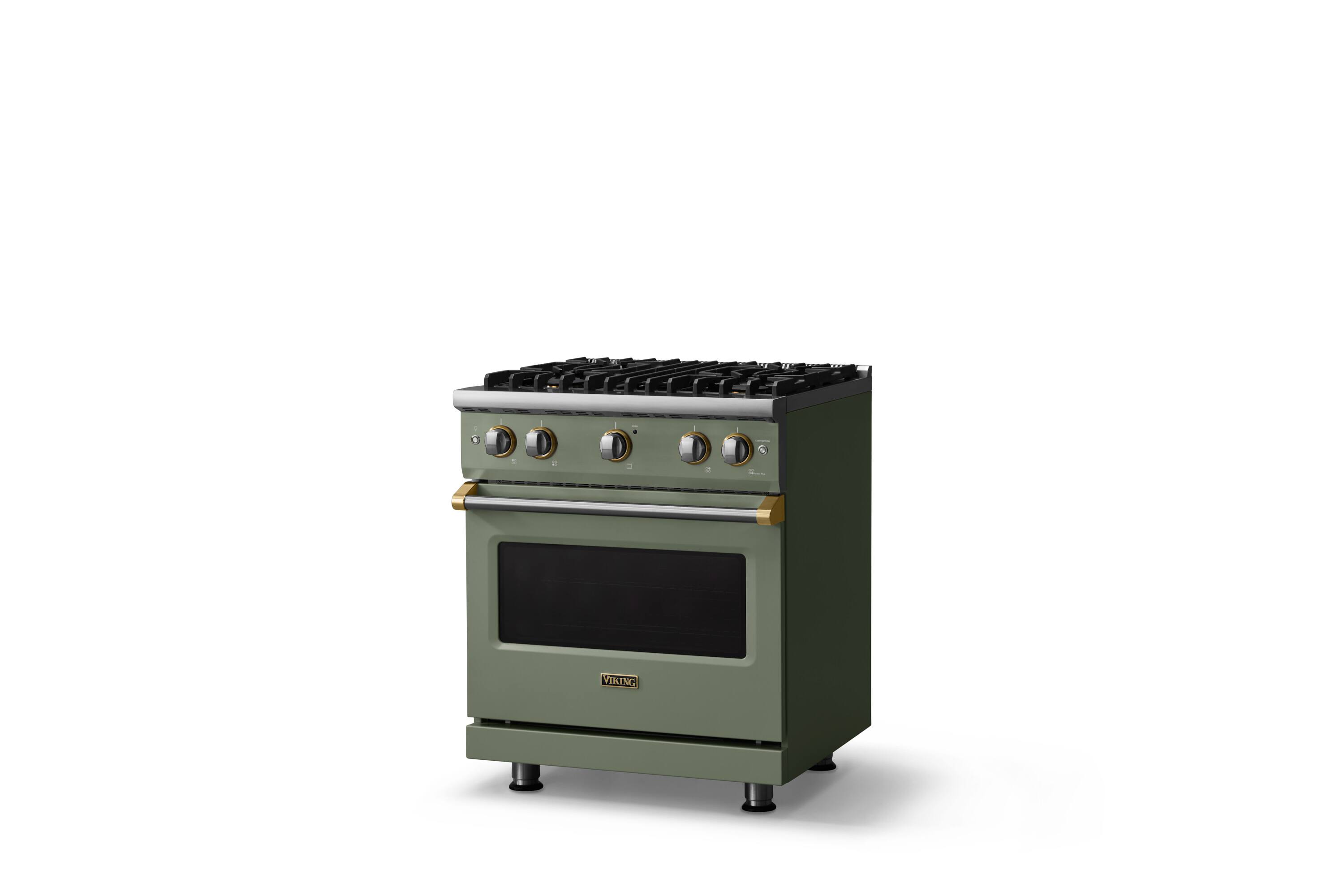 Angle. Viking - 30 in. Wide Pro 5 Series 4.0 Cu. Ft. Freestanding Sealed 4 Burner Gas Convection Range - Eucalyptus/Brushed Brass - Eucalyptus.