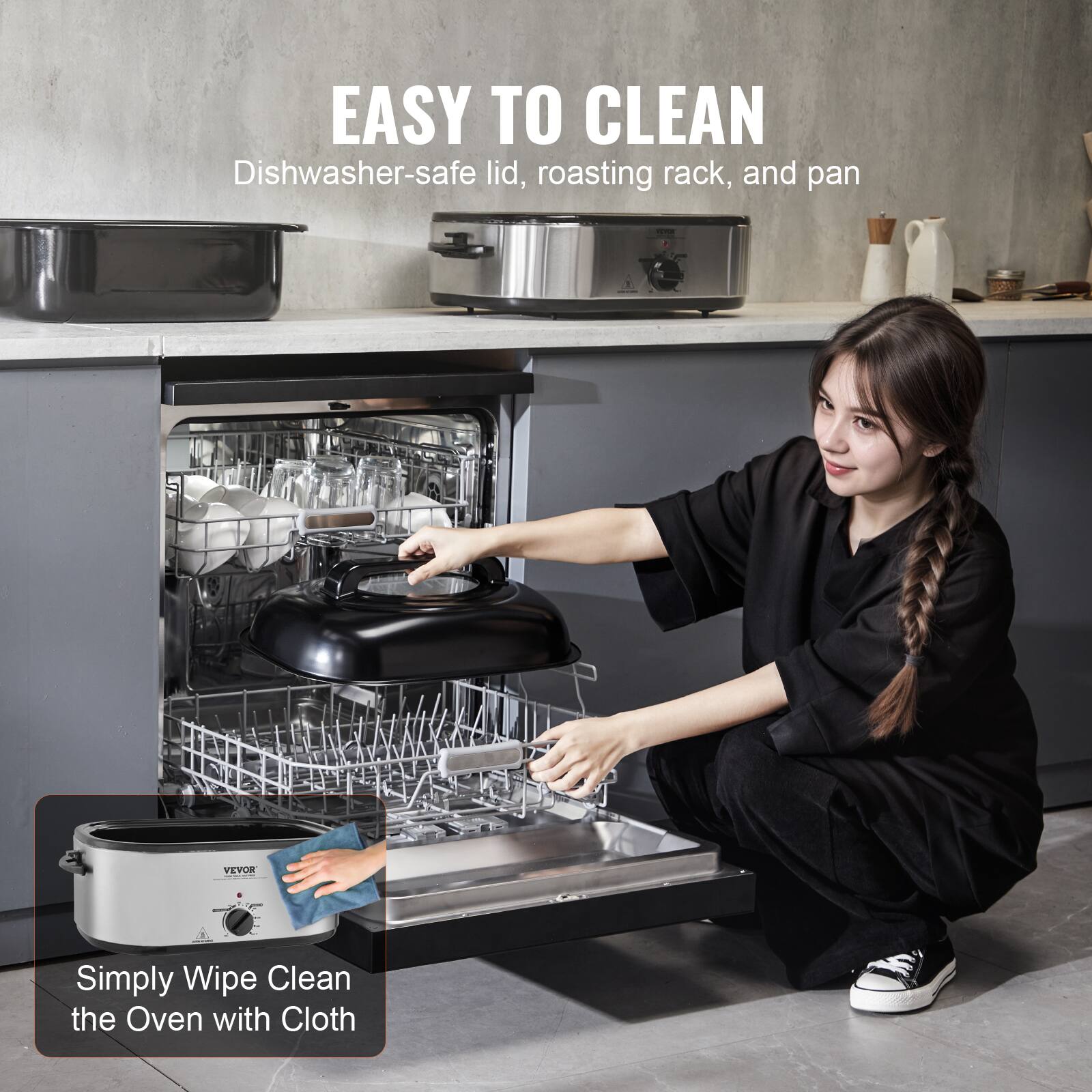 EASY TO CLEAN Dishwasher-safe lid, roasting rack, and pan

Simply Wipe Clean the Oven with Cloth