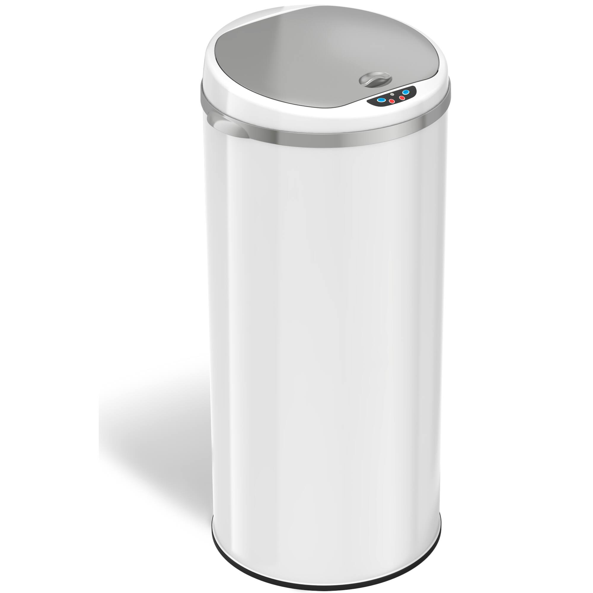 Angle. iTouchless - 13 Gallon Touchless Sensor Trash Can with AbsorbX Odor Control System, White Stainless Steel Round Shape Kitchen Bin - Pearl White.