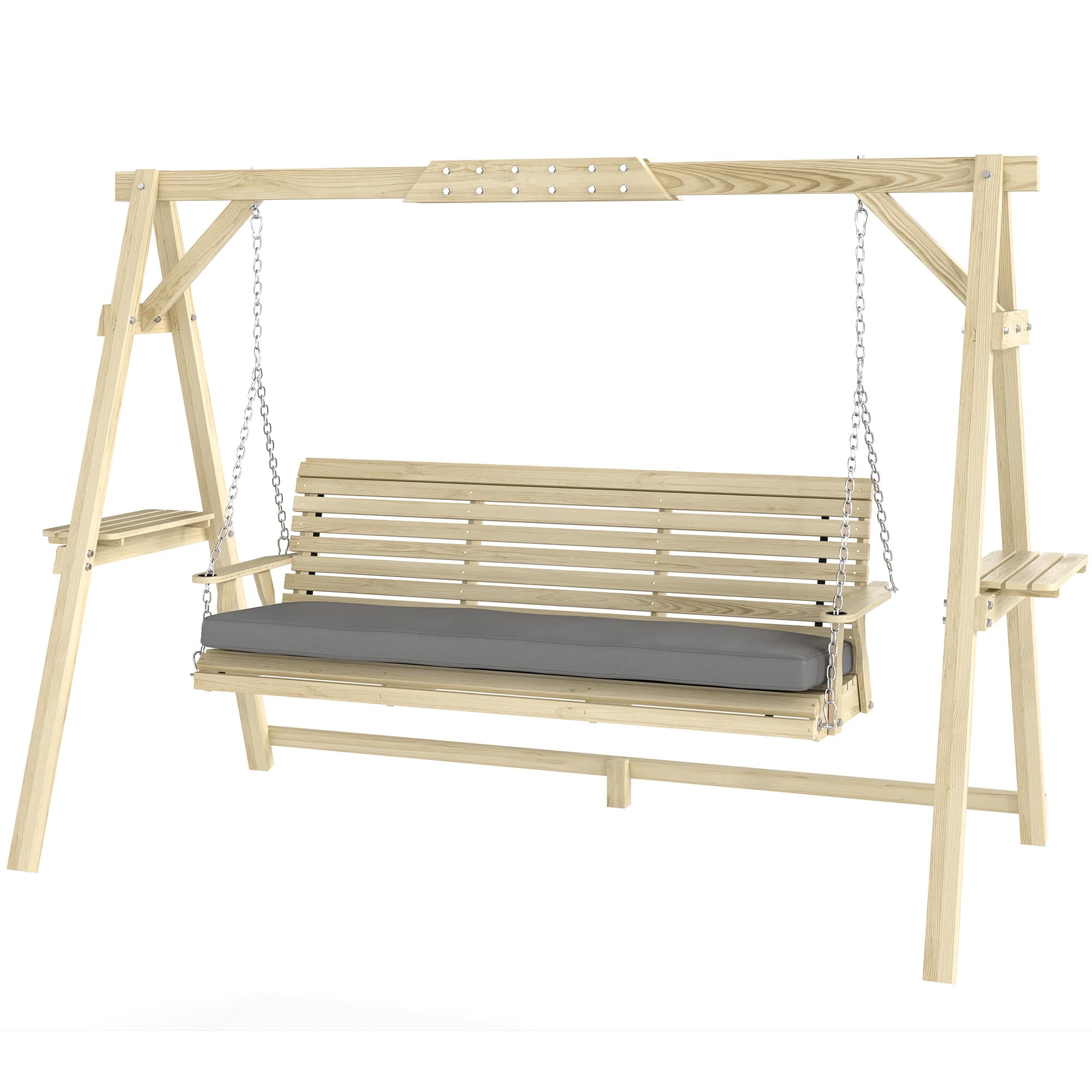 Outsunny - Seat Wooden Porch Swing with Stand, Patio Swing with Cushion, for Garden, Poolside, Backyard - Natural Wood