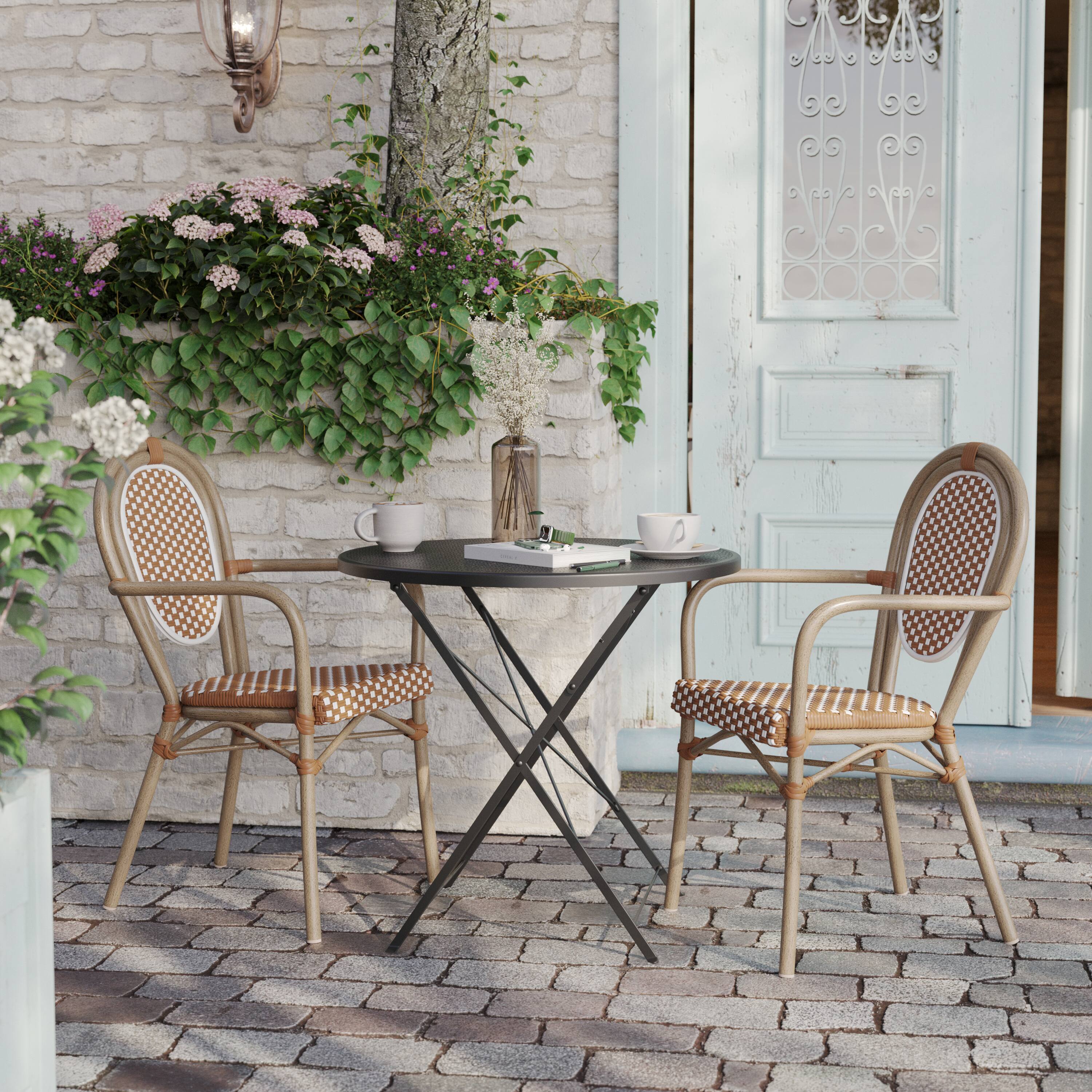 Alt View 3. Flash Furniture - 2 Pack Lourdes Indoor/Outdoor Commercial Thonet Bistro Stack Chair with Arms, Natural/White PE Rattan and Bamboo Aluminu - White.