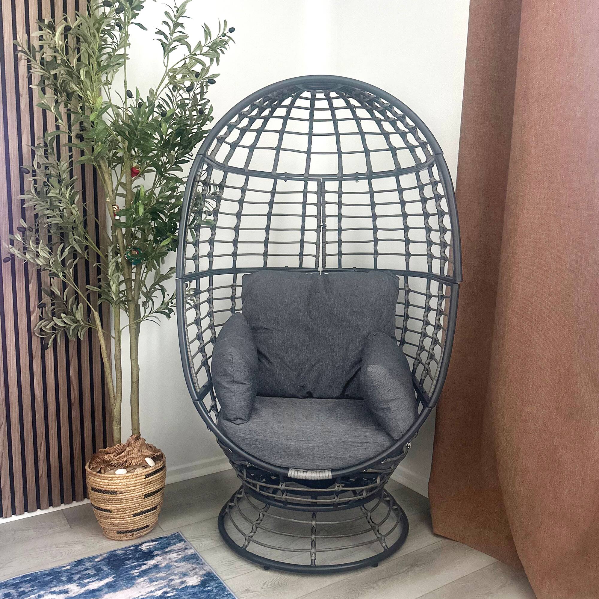Alt View 7. Outsunny - Wicker Egg Chair, 360 Rotating Indoor Outdoor Boho Basket Seat with Cushion and Pillows for Backyard, Porch, Patio - Gray.