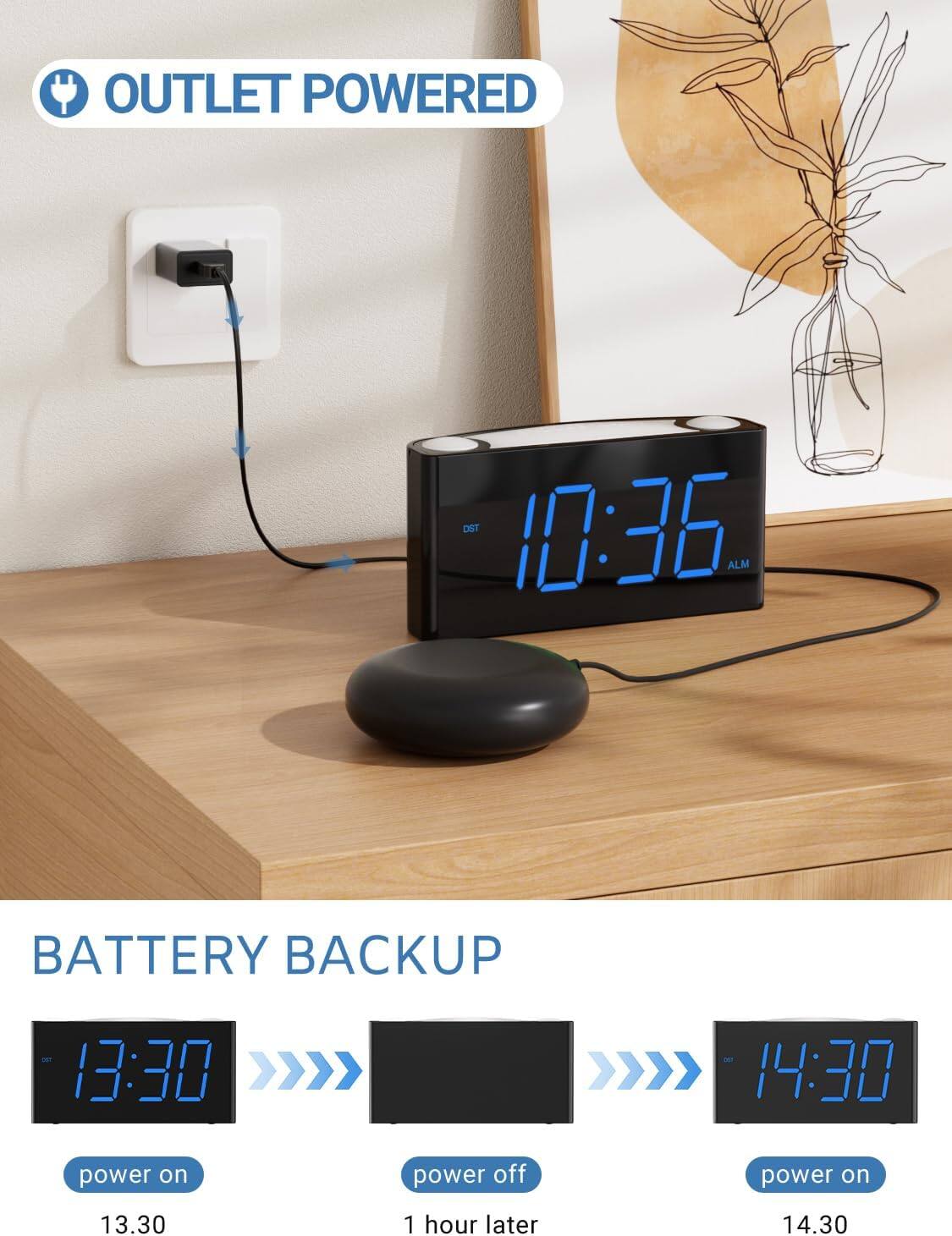 OUTLET POWERED  
10:36  

BATTERY BACKUP  
13:30 (power on)  
1 hour later (power off)  
14:30 (power on)