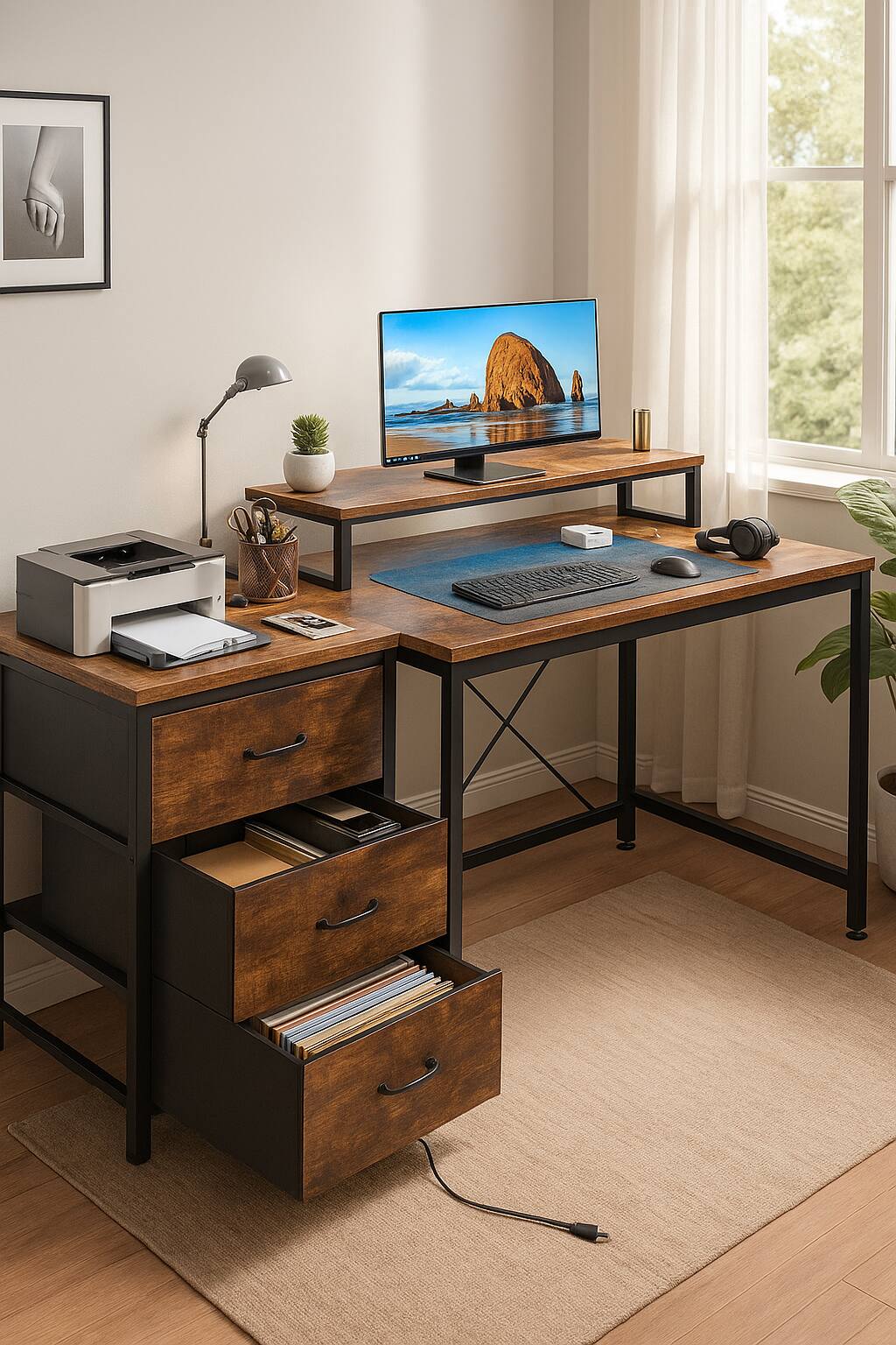 Front. Zell Electronics - 63" Rustic Brown L-Shaped Desk with Power Outlets, LED Lights, Drawers & Monitor Stand for Home Office - Rustic Brown.