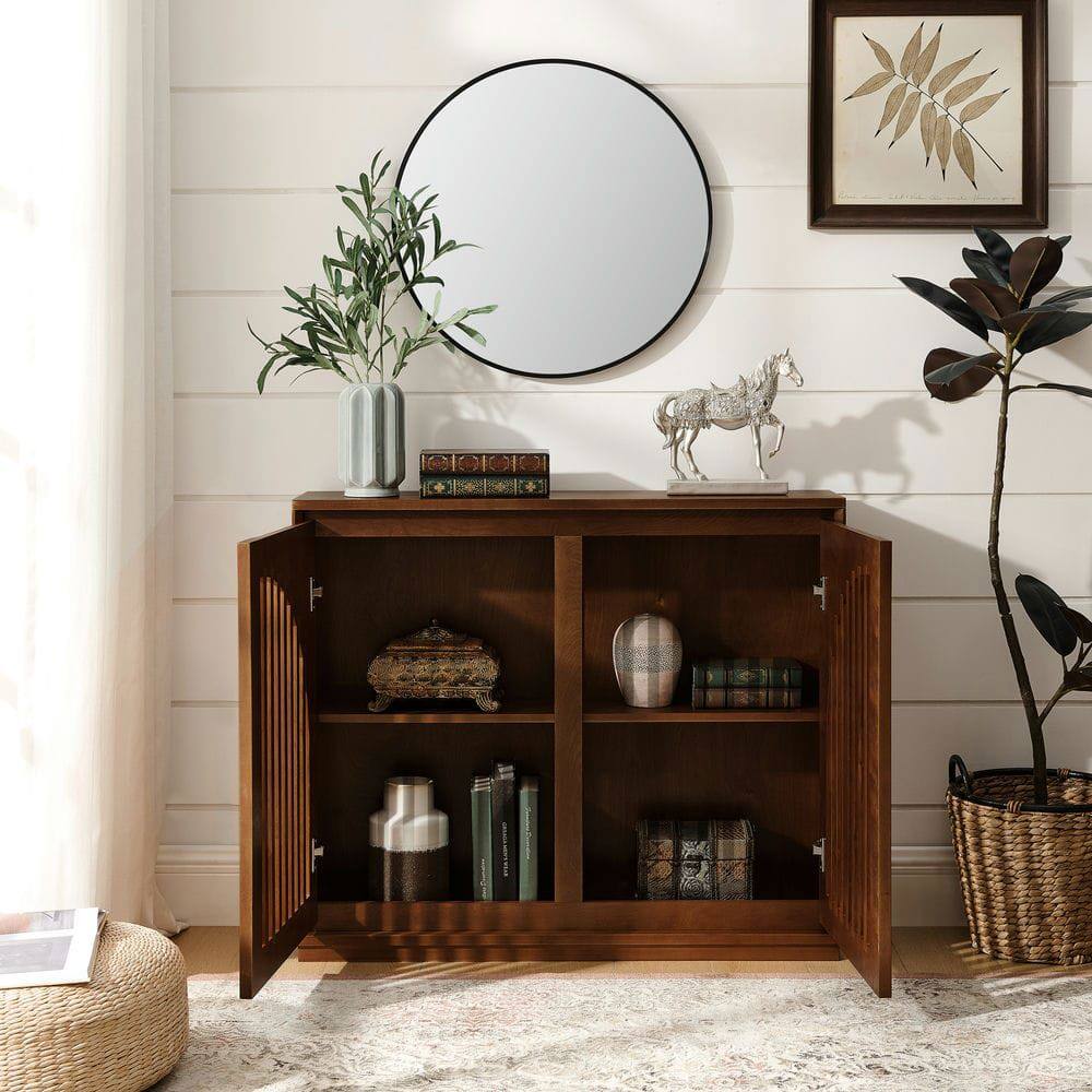 Back. Kadyn - Narrow Fluted Sideboard Cabinet with Electrical Outlets - Walnut - Brown.