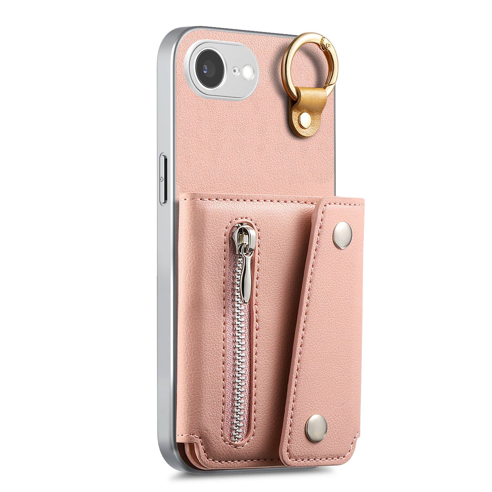 Angle. Dteck - PU Leather Zipper Wallet Phone Case for Apple iPhone 17e with Ring Buckle, Shockproof Kickstand Protective Cover - Pink.